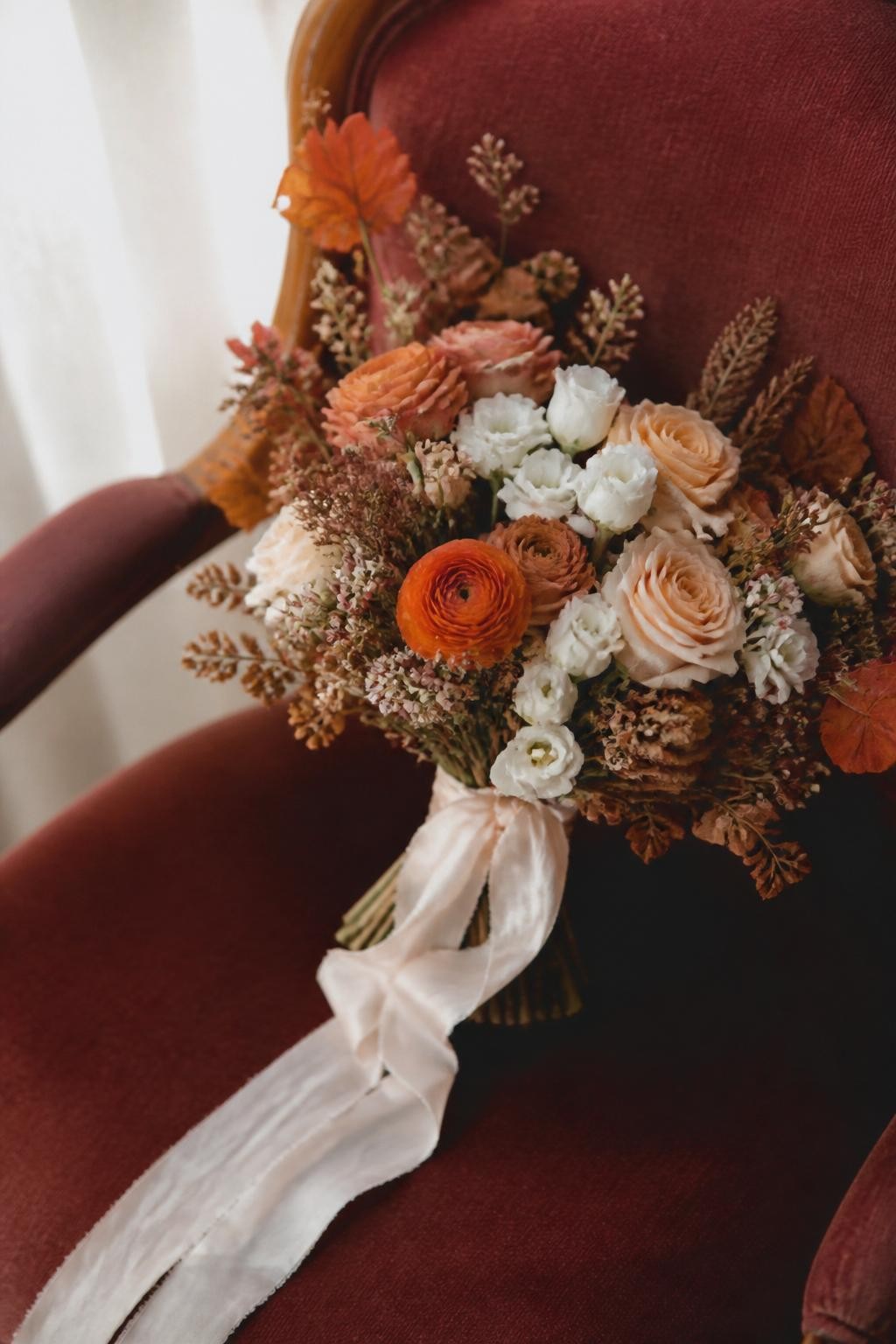 Realistic DSLR photo of a fall bridal bouquet on a velvet chair, burnt orange ranunculus, blush roses, rust leaves, cream lisianthus, tiny dried flowers, long ivory ribbon, soft morning window light, elegant autumn wedding detail shot.