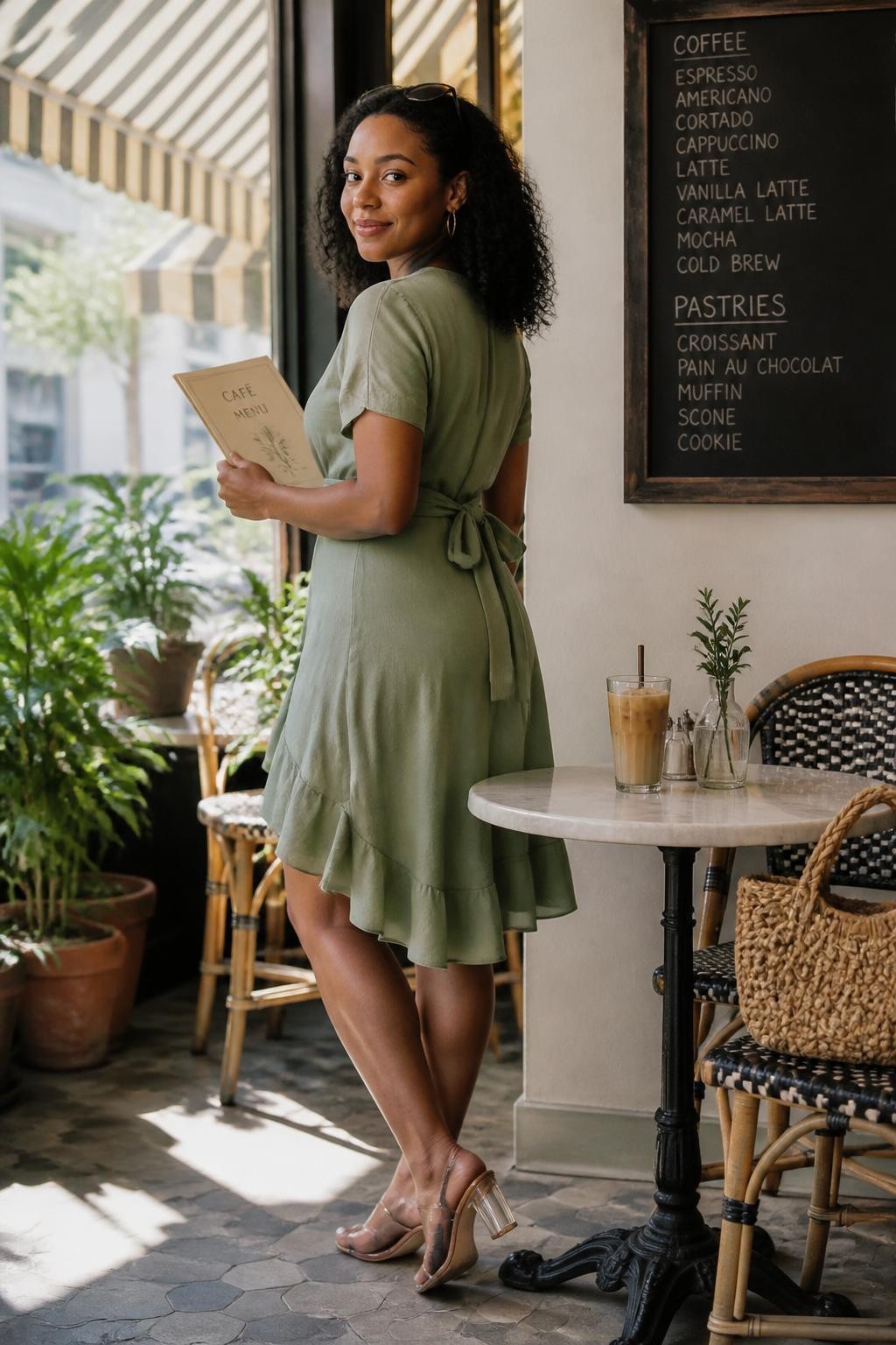 A modern cafe portrait of an adult Black woman with warm brown skin standing near a small round table, wearing a sage green wrap dress, holding an open cafe menu in one hand, looking back over her shoulder toward the camera with a calm smile, one foot slightly crossed behind the other, woven handbag on the chair, iced latte on the table, sunlight coming through striped awnings, chalkboard menu on the wall behind her, plants near the window, realistic cafe shadows, natural skin texture, DSLR editorial lifestyle photo, clean and beautiful seasonal cafe styling.