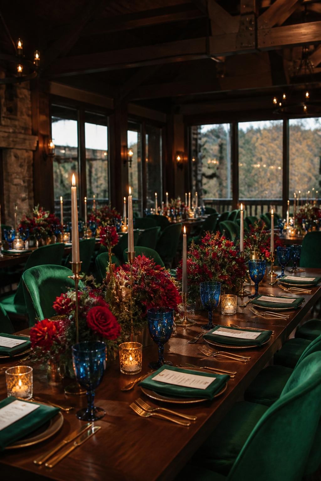 Realistic DSLR photo of a fall wedding reception with emerald green velvet chairs around long wooden tables, ruby red floral centerpieces, cream taper candles, gold flatware, sapphire blue glassware, dark wood beams, warm candlelit evening mood, elegant jewel tone wedding design, no visible faces.