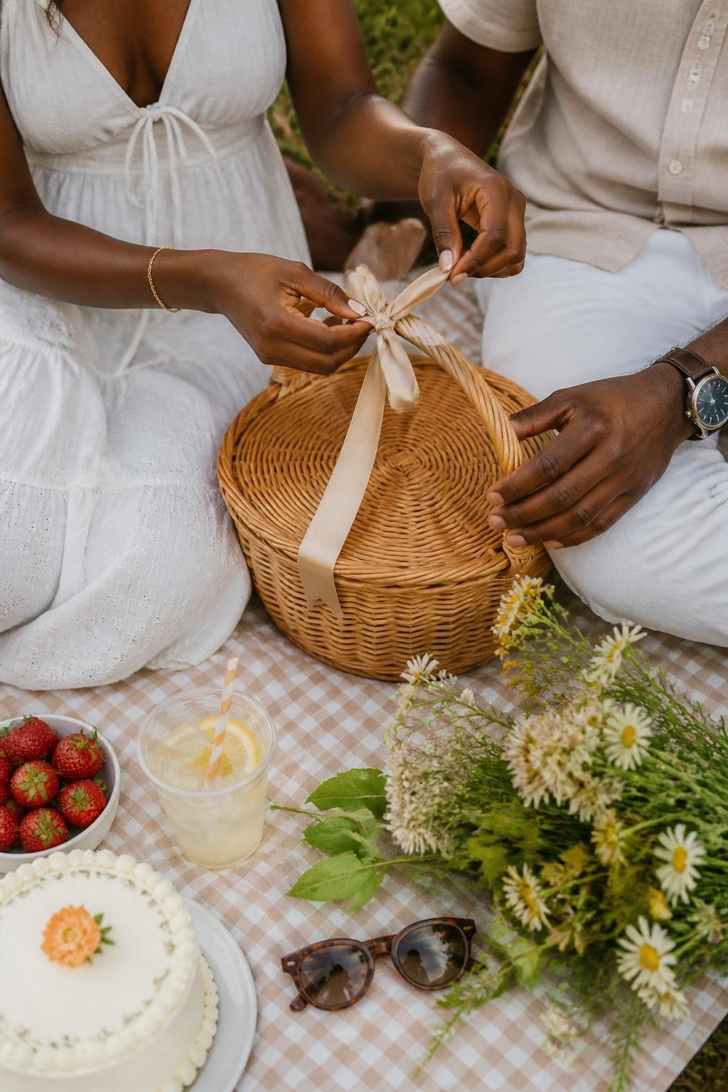 Image prompt: A romantic close-up DSLR picnic photo showing only an adult couple’s hands, arms, and lower torsos, no faces visible, featuring a Black woman with rich dark skin wearing a white sundress and gold bracelet, tying a soft silk ribbon around a picnic basket handle while her partner’s hand holds the basket steady, their knees close together on a gingham blanket, strawberries, lemonade, small cake, wildflowers, and sunglasses arranged naturally around them, warm afternoon light, realistic skin texture, ribbon folds, grass details, intimate faceless picnic couple photography.