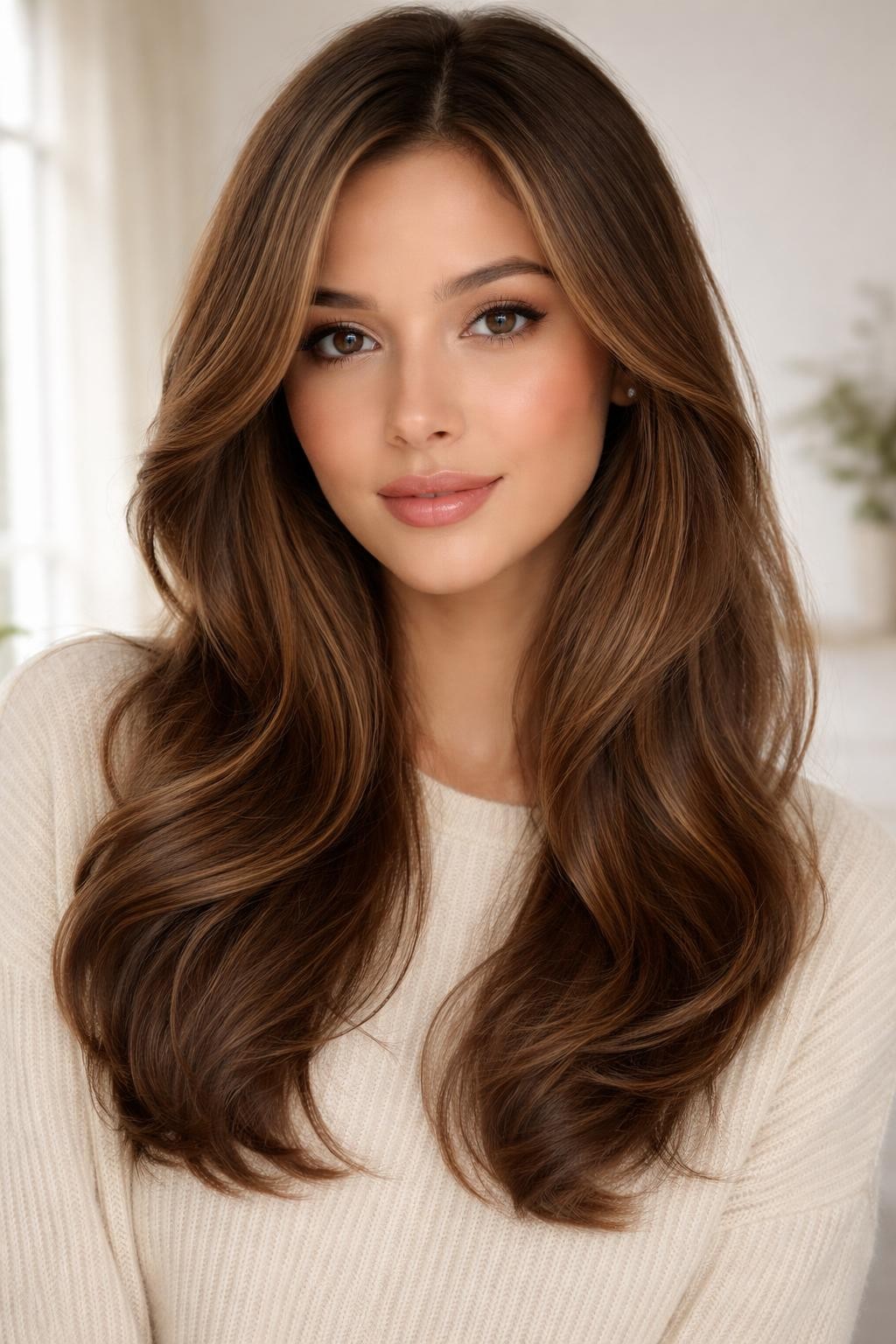 Image Prompt: A realistic hairstyle portrait of long hair with curtain layers and a soft side part, bouncy blowout texture, warm honey brown hair, face-framing layers sweeping gently across the cheek, soft makeup, cream sweater, bright clean room, natural light editorial beauty photography, no text, no watermark, no watermarks on images.
