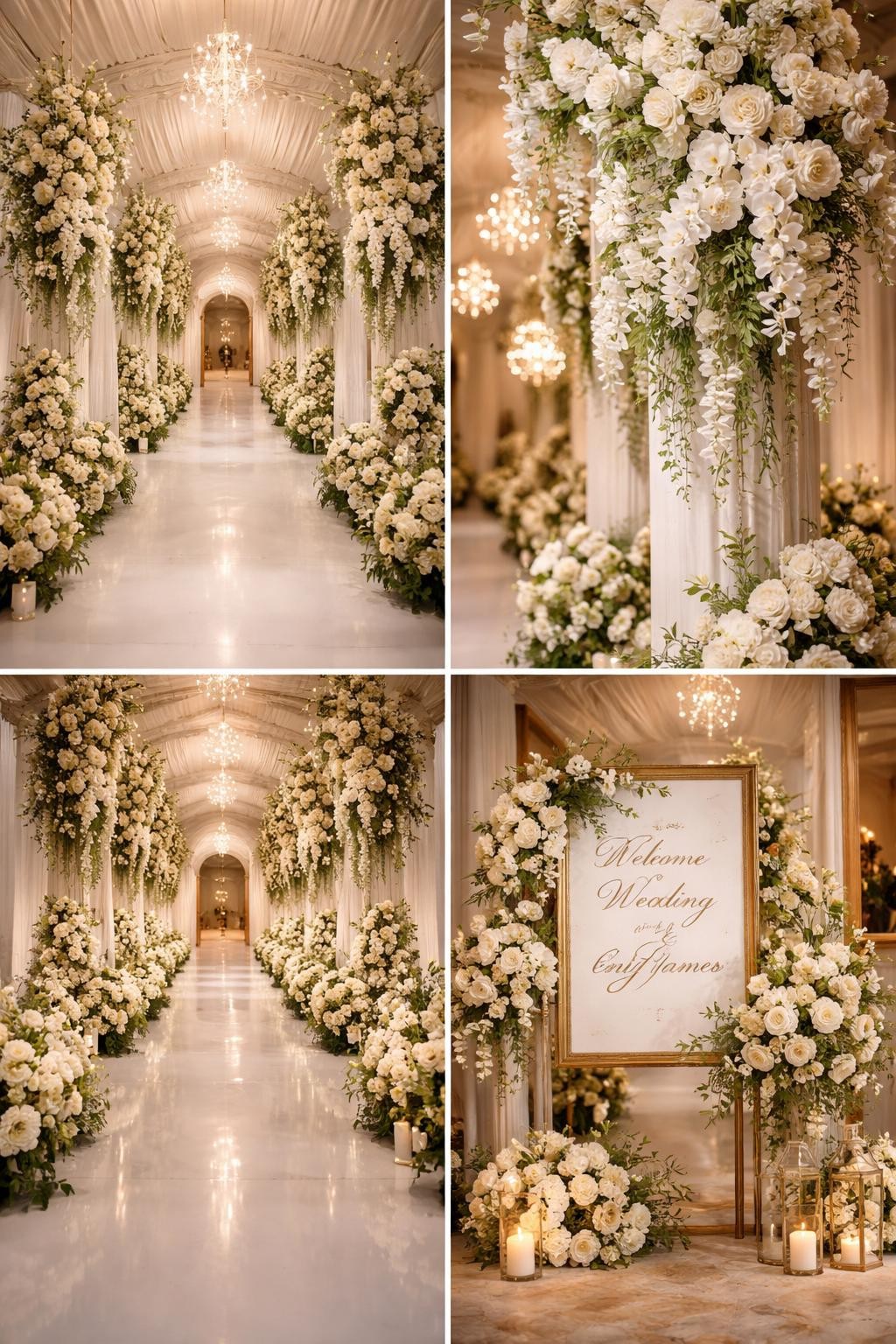 A professional 4-grid wedding decor collage showing a grand floral pillar wedding entrance walkway, top-left image featuring tall floral pillars on both sides of a walkway with white roses, orchids, and greenery, top-right image showing close-up cascading flowers on one pillar, bottom-left image showing the walkway with matching low floral arrangements along the sides, bottom-right image showing a luxury welcome sign framed by smaller floral pillars, ballroom or estate wedding setting, high-end editorial photography, no faces, no watermarks on images.