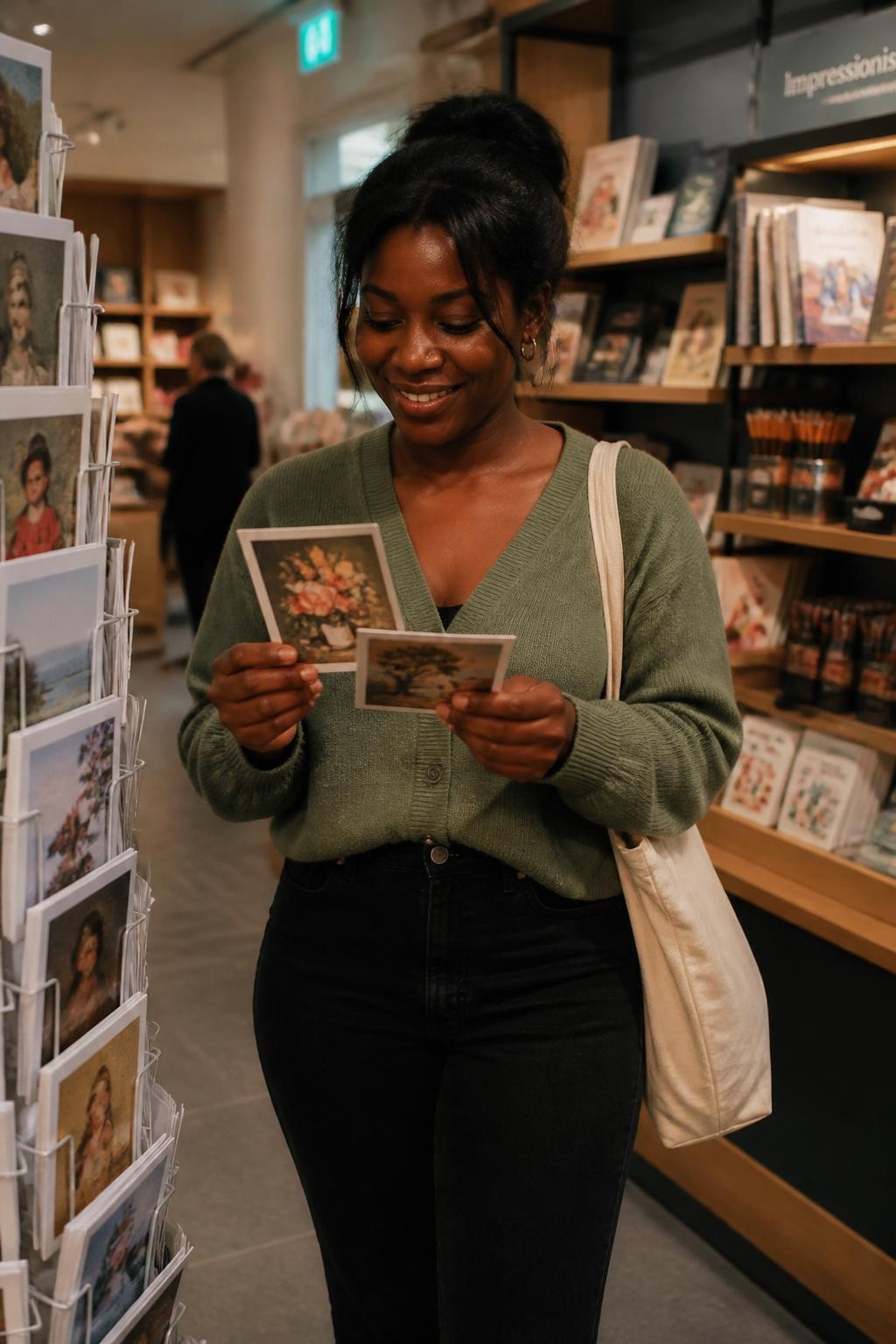 Image prompt: A charming DSLR museum gift shop photo of an adult Black woman with deep brown skin standing near a postcard display, wearing a soft green cardigan, black straight-leg jeans, and small hoop earrings, holding two art postcards in front of her chest while peeking down at them with a smile, canvas tote over one shoulder, shelves of books, art prints, pencils, and small souvenirs around her, warm shop lighting, realistic paper texture, natural skin texture, casual stylish museum trip mood, candid lifestyle photography.