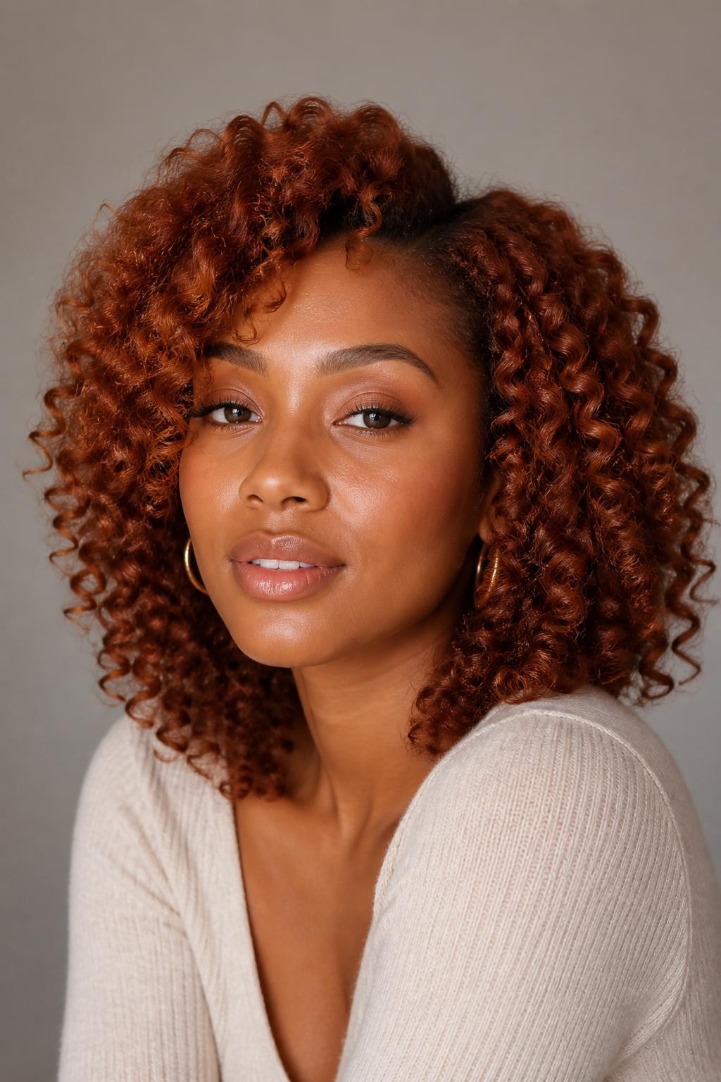 Image Prompt: A beautiful woman with shoulder-length deep copper auburn curls, rich red-brown hair color with warm copper shine, defined spiral curls with healthy volume, medium-deep brown skin, natural glowing makeup, glossy nude lips, small gold hoops, cream knit top, clean neutral studio background, soft diffused lighting, close-up beauty editorial portrait, realistic DSLR photo, crisp curl texture and copper auburn color depth, no text, (no watermarks on images)