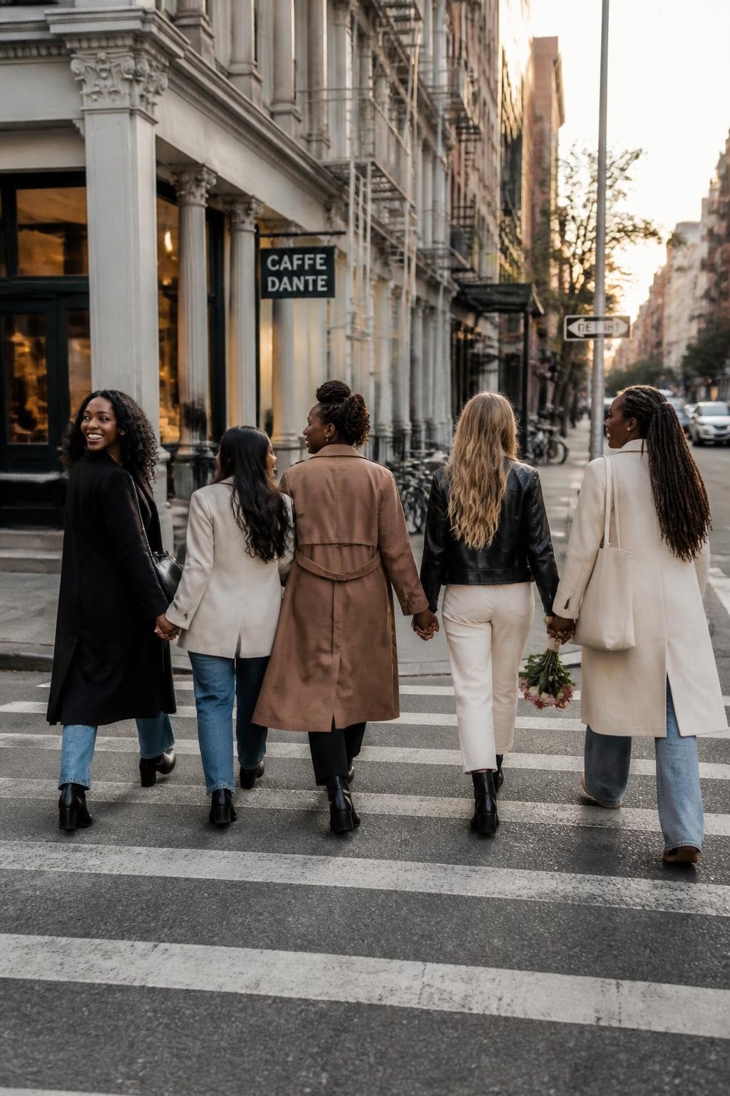 Image prompt: A stylish DSLR city photo of five adult women friends crossing a quiet crosswalk together, including three Black women with deep and warm brown skin tones, one woman with medium skin tone, and one woman with fair skin, holding hands in a loose chain while moving forward, wearing coordinated but not matching outfits in black, cream, denim, and soft brown, one friend looking back with a laugh, one holding a flower bouquet, one carrying a tote bag, city buildings, cafe signs, soft evening light, realistic movement in coats and hair, candid modern friendship street photography.