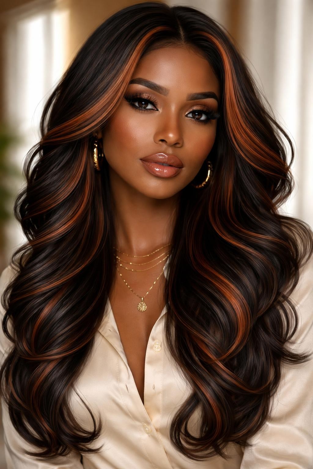 Image Prompt: A gorgeous woman with long layered hair featuring copper and chocolate brown color blocking, dark chocolate brown base with thick copper panels through the front and lower layers, soft loose curls, warm deep skin tone, bronzed makeup, glossy lips, gold jewelry, cream blouse, warm indoor setting, soft window light, realistic DSLR beauty editorial photo, detailed color contrast and shine, no text, (no watermarks on images)