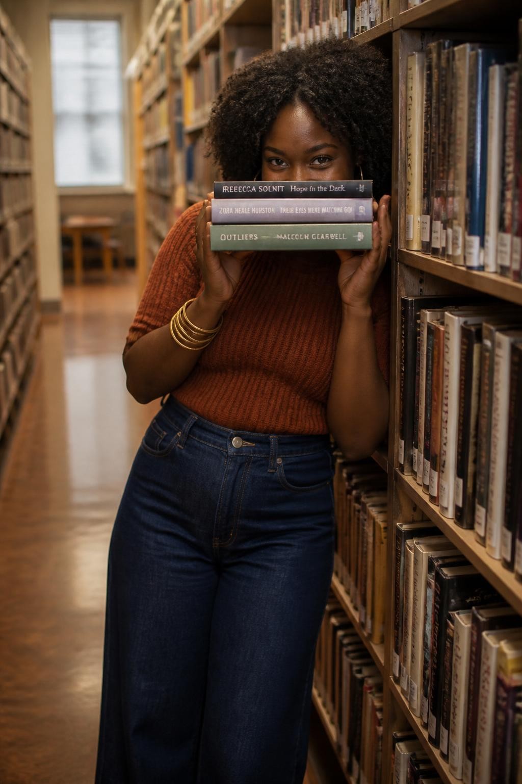 Image prompt: A playful DSLR library portrait of an adult Black woman with deep brown skin standing between tall bookshelves, wearing a rust-colored knit top, wide-leg denim, and gold bangles, holding a stack of three books high enough to partly cover the lower half of her face while her eyes smile over the top, body angled slightly behind the shelf edge, one shoulder leaning toward the books, warm aisle lighting, narrow rows of old and new books, realistic shelf labels, natural hair texture, soft background blur, cute bookish portrait mood, modern library photography.