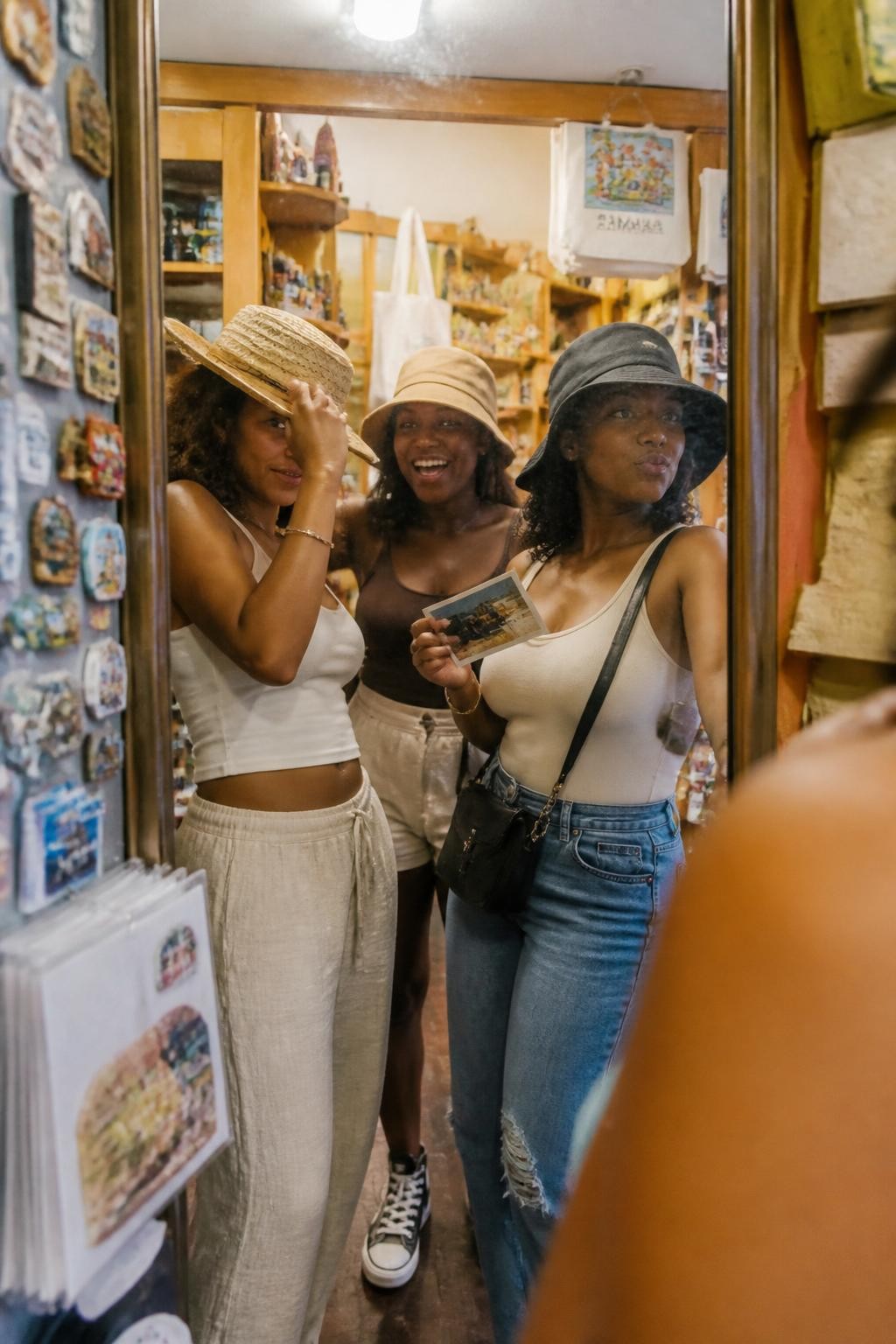 Image prompt: A fun DSLR travel photo of three adult Black women friends inside a small souvenir shop, wearing casual vacation outfits, each trying on a different hat in front of a narrow shop mirror, one adjusting a straw hat, one laughing in a bucket hat, one holding a postcard and looking at her reflection, shelves of magnets, postcards, tote bags, local crafts, and small souvenirs around them, warm shop lighting, realistic mirror smudges, natural skin texture, candid playful outing photography, modern trip memory feel.