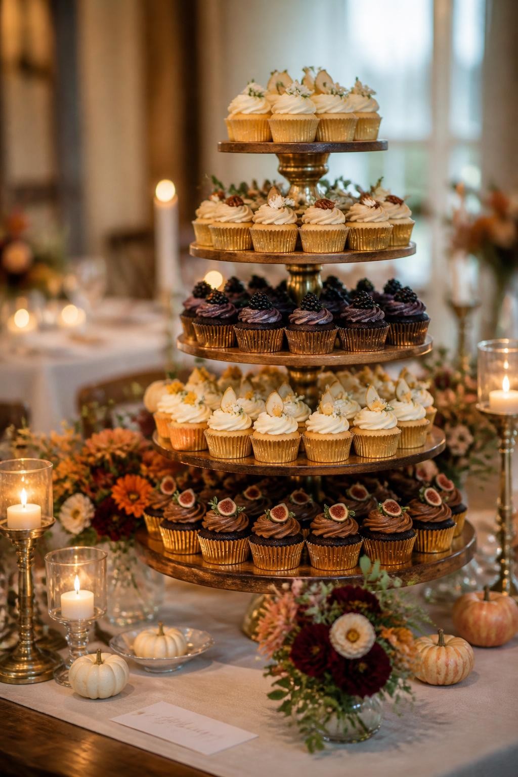 Realistic DSLR wide shot of a fall wedding cupcake tower with mixed flavors, pumpkin, apple cider, chocolate blackberry, maple pecan, and vanilla pear cupcakes, decorated with cream frosting, tiny flowers, figs, berries, gold liners, wooden and brass stands, candlelit reception table, no people visible.