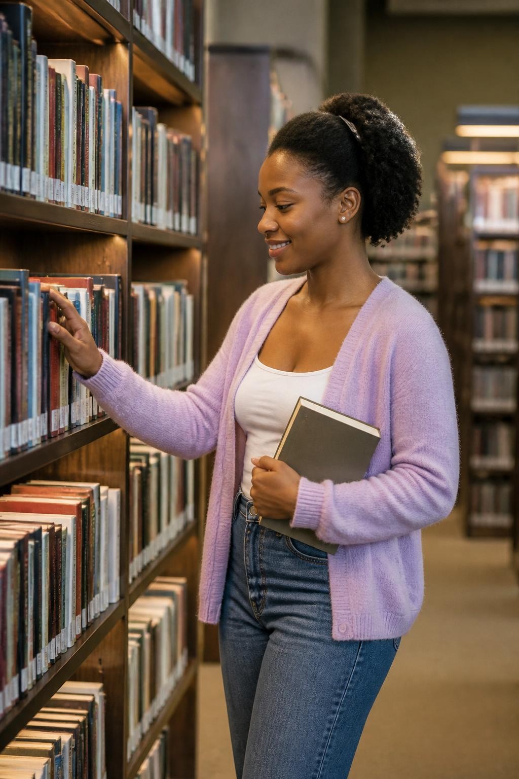 Image prompt: A realistic DSLR library photo of an adult Black woman with dark brown skin standing side-on beside a tall bookshelf, wearing a soft lavender cardigan, white tank top, straight-leg jeans, and small pearl earrings, one hand sliding along the book spines while the other holds a closed book against her waist, smiling softly at a title on the shelf, natural curls pinned back with a small clip, warm shelf lighting, quiet library aisle, realistic book spine texture, soft background blur, natural skin detail, cute calm library portrait, polished lifestyle photography.