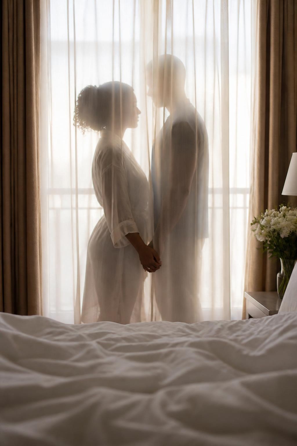 Image prompt: A soft hotel-room couple silhouette photo, no faces visible, featuring an adult couple standing behind sheer white curtains in front of a bright window, their bodies seen only as blurred outlines, a Black woman with warm brown skin suggested by her hands and figure wearing a satin robe, her partner standing close while their hands meet through the curtain fabric, faces fully obscured by backlight and sheer fabric, rumpled white bed in the foreground, bedside flowers, warm morning light, realistic curtain texture, dreamy faceless DSLR lifestyle photography, private romantic mood.