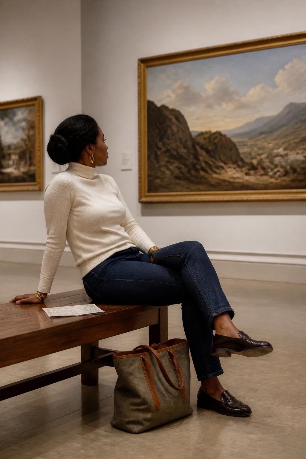 Image prompt: A calm DSLR museum photo of an adult Black woman with dark brown skin sitting sideways on a long wooden gallery bench, wearing a cream turtleneck, dark jeans, loafers, and gold bangles, leaning back on one hand while looking toward a large landscape painting on the wall, one leg crossed loosely over the other, small museum map resting beside her, tote bag on the floor, white walls, soft gallery lights, polished floor, realistic bench texture, natural skin detail, quiet stylish museum portrait with a thoughtful travel mood.