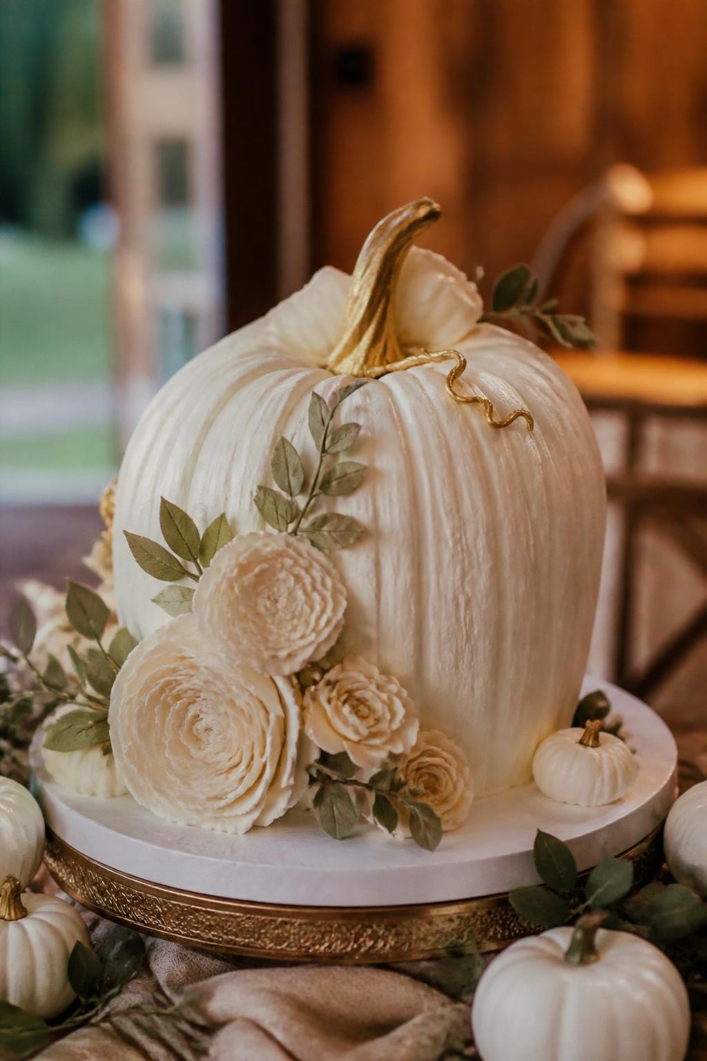 Realistic DSLR photo of a fall wedding cake shaped like an elegant white pumpkin, textured buttercream ridges, cream sugar flowers, soft green leaves, gold stem detail, small white pumpkins around the base, linen-covered table, warm autumn wedding lighting.