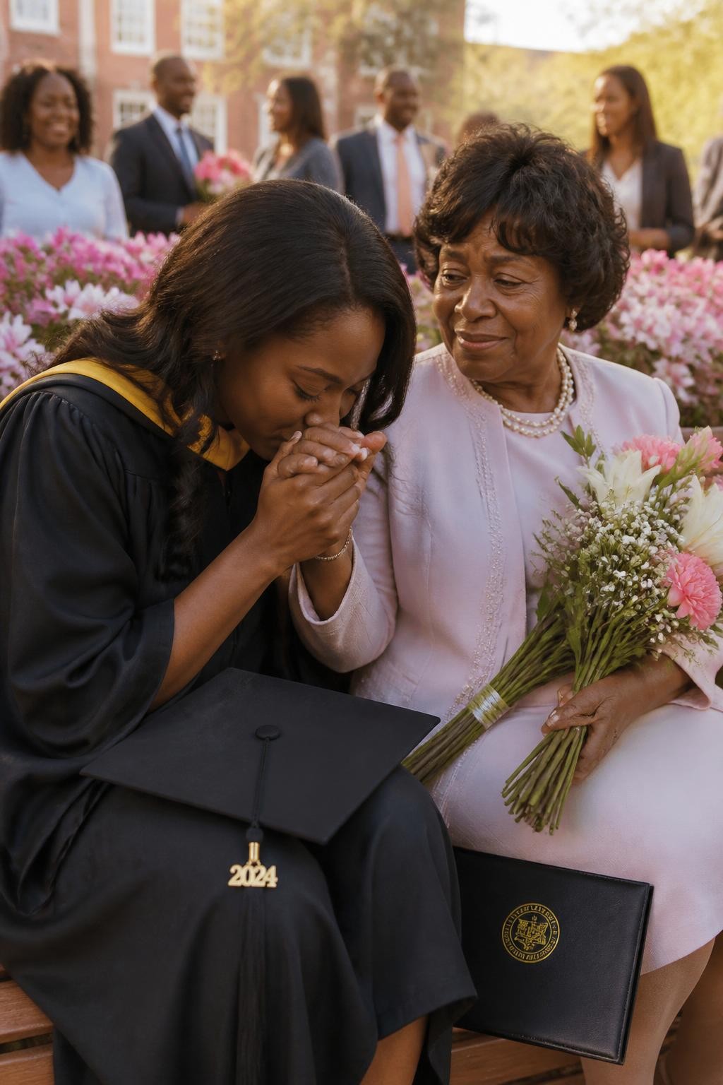 Image prompt: A soft emotional DSLR graduation photo of a Black graduate with rich brown skin sitting beside a grandmother on a wooden bench near campus flowers, graduate wearing a black graduation gown, cap resting on their lap, and diploma folder beside them, gently holding grandmother’s hand and kissing the back of it with respect, grandmother wearing a pastel church-style dress and holding a small bouquet, family members softly blurred in the background, warm sunlight, realistic hand texture, floral details, natural skin tones, tender family graduation memory, professional lifestyle photography.