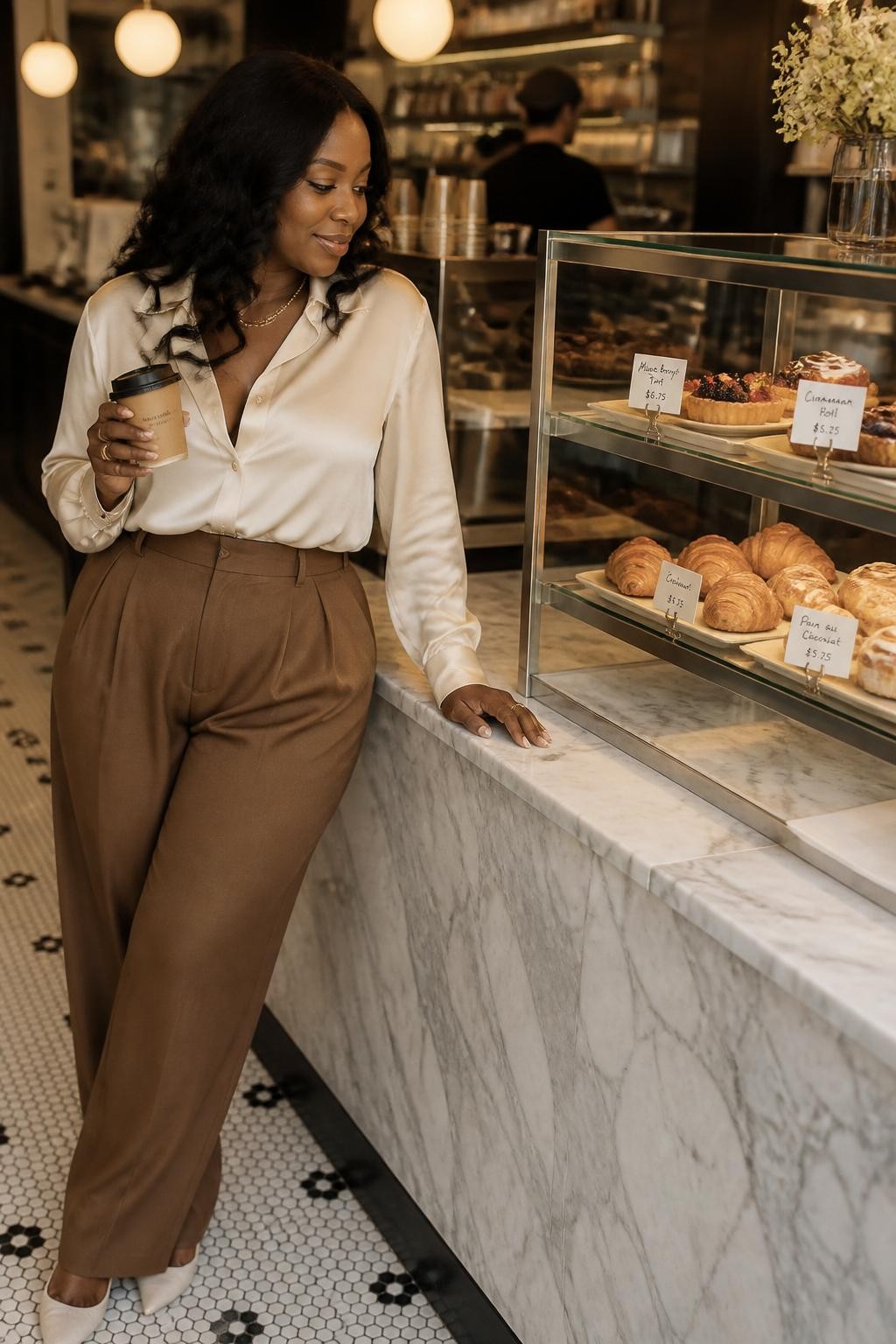 A stylish DSLR photo of an adult Black woman with rich dark skin leaning lightly against a marble cafe pastry counter, wearing a cream satin blouse tucked into high-waisted brown trousers, one hand resting near a glass pastry case, the other hand holding a small paper coffee cup, head turned slightly toward the pastries with a soft smile, fresh croissants, fruit tarts, cinnamon rolls, and little handwritten labels visible behind glass, warm pendant lights, tiled floor, barista moving softly blurred in the background, natural makeup, realistic fabric folds, polished but candid cafe scene.