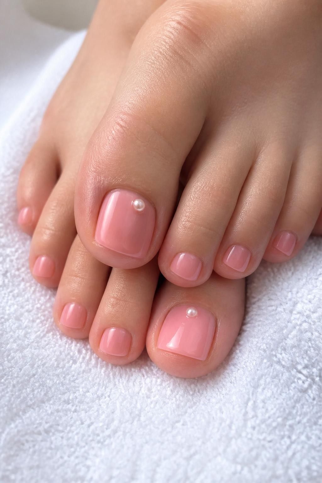 Close-up DSLR photo of a pink pedicure on fair skin, glossy strawberry milk pink polish on short neat toenails, tiny pearl dots near the cuticle on both big toenails, feet resting on a clean white spa towel, soft natural window light, realistic skin texture, clean cuticles, no face visible.