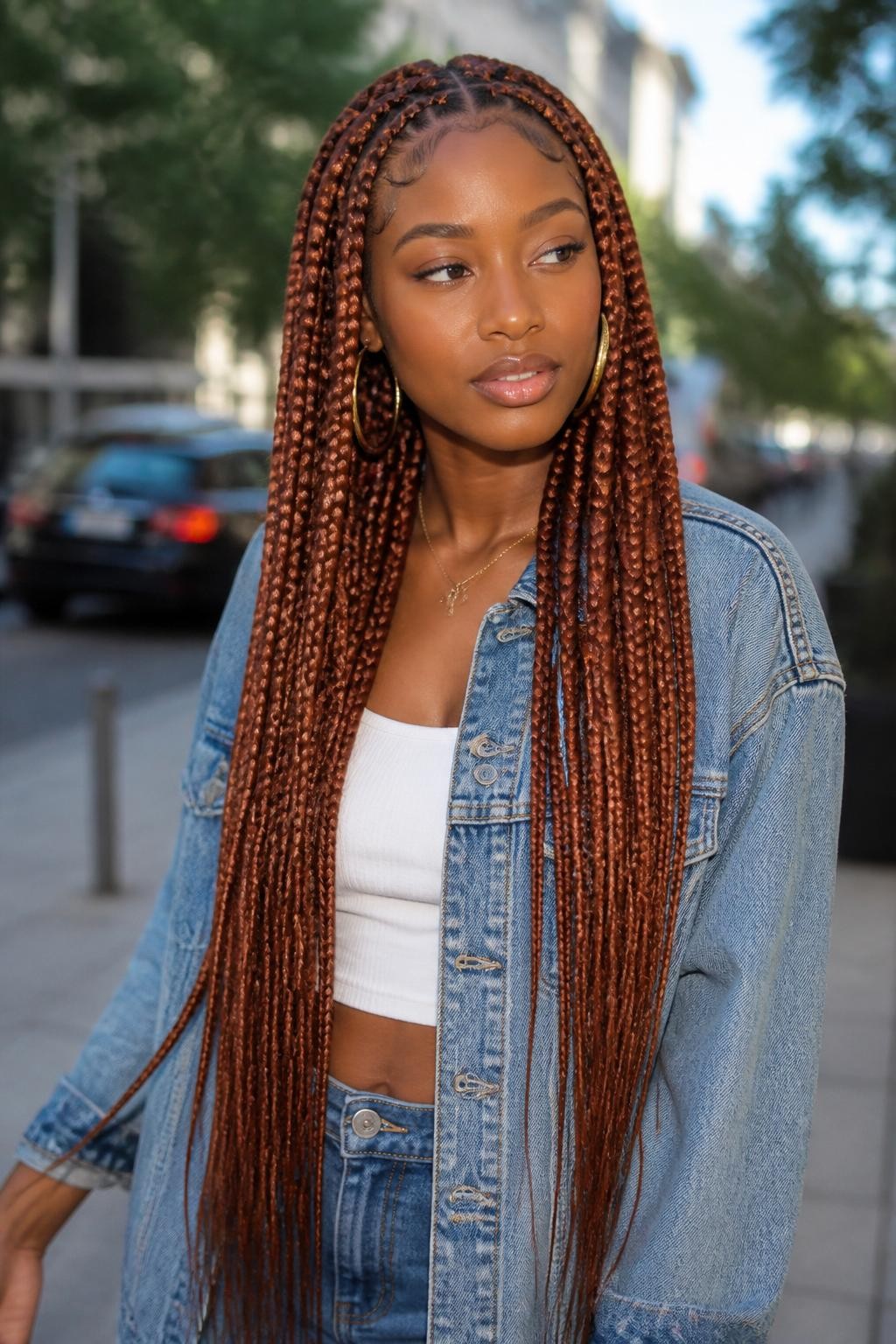Image Prompt: A fashionable black woman wearing long copper auburn box braids, waist-length braids in warm copper auburn and red-brown tones, neat square parts, smooth finished tips, softly styled baby hairs, medium-deep brown skin, glossy lips, gold hoop earrings, denim jacket over a white top, outdoor city background softly blurred, natural daylight, realistic lifestyle beauty portrait, detailed braid texture and warm copper auburn color, no text, (no watermarks on images)