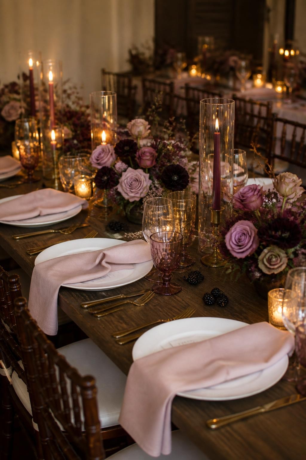 Realistic DSLR photo of a fall wedding reception table with blush linen napkins, blackberry purple floral centerpieces, mauve roses, plum candles, gold flatware, dark wood chairs, cream plates, blackberries scattered near the centerpieces, warm candlelit indoor reception mood, no visible faces.