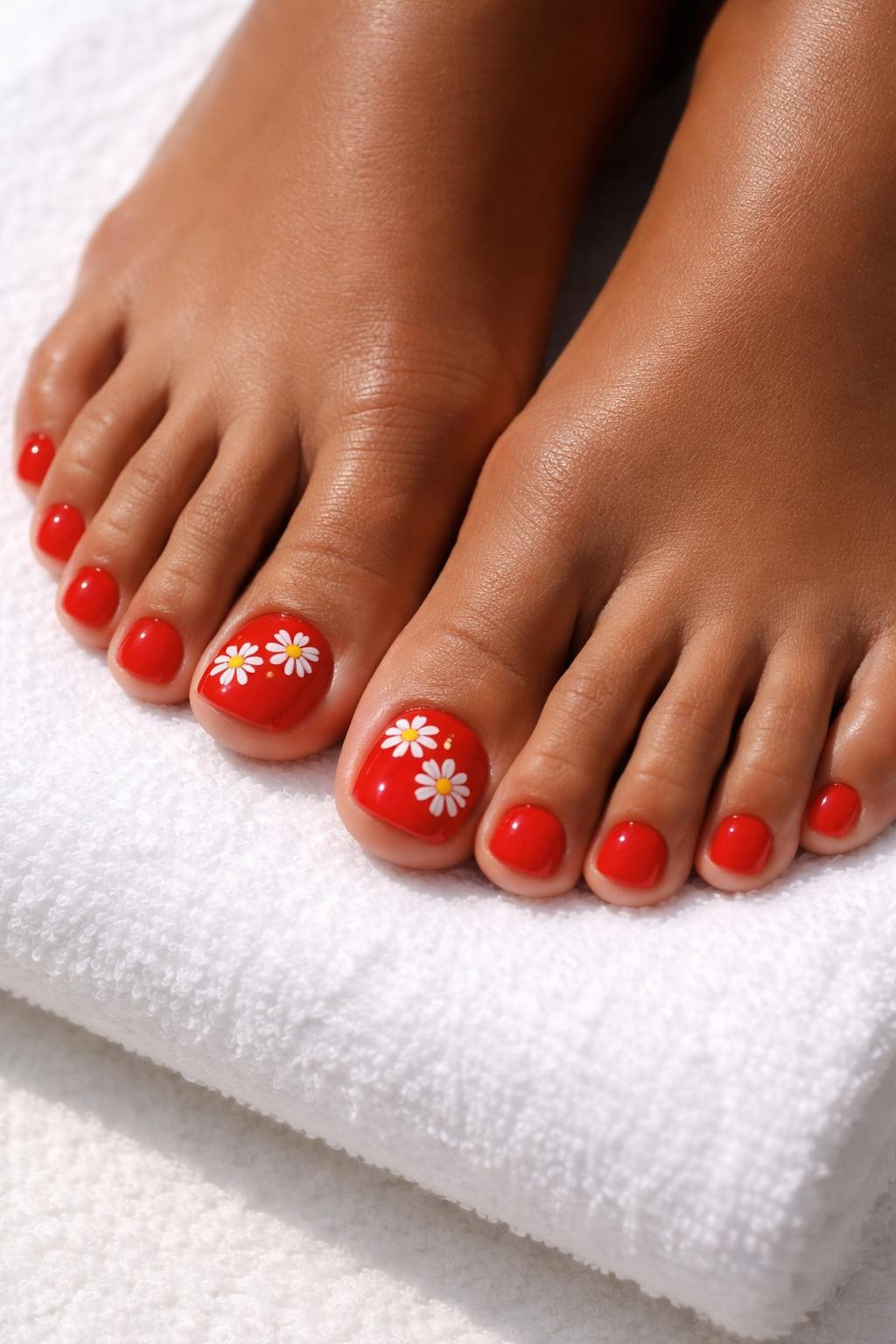 Close-up realistic beauty photo of a fresh pedicure on medium-deep brown skin, glossy tomato red polish on most toenails and tiny white daisy nail art on each big toenail, feet resting on a clean white spa towel, bright natural light, realistic cuticles, no face visible.