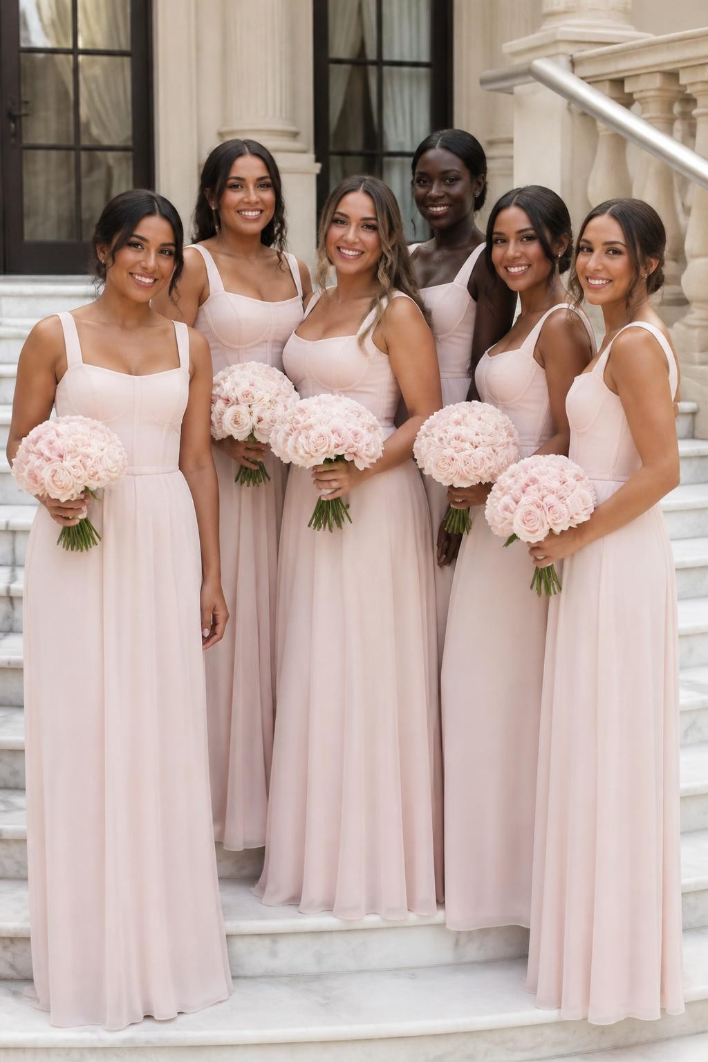 Realistic DSLR photo of a diverse bridal party wearing blush light pink bridesmaid gowns with soft corset bodices, gentle boning, square necklines, flowing chiffon skirts, bright beautiful faces, glowing makeup, Black and brown bridesmaids mixed with olive and fair skin tones, standing on a marble staircase outside a luxury wedding venue, pale pink rose bouquets, cream railings, soft afternoon light, elegant but modern editorial wedding photography.