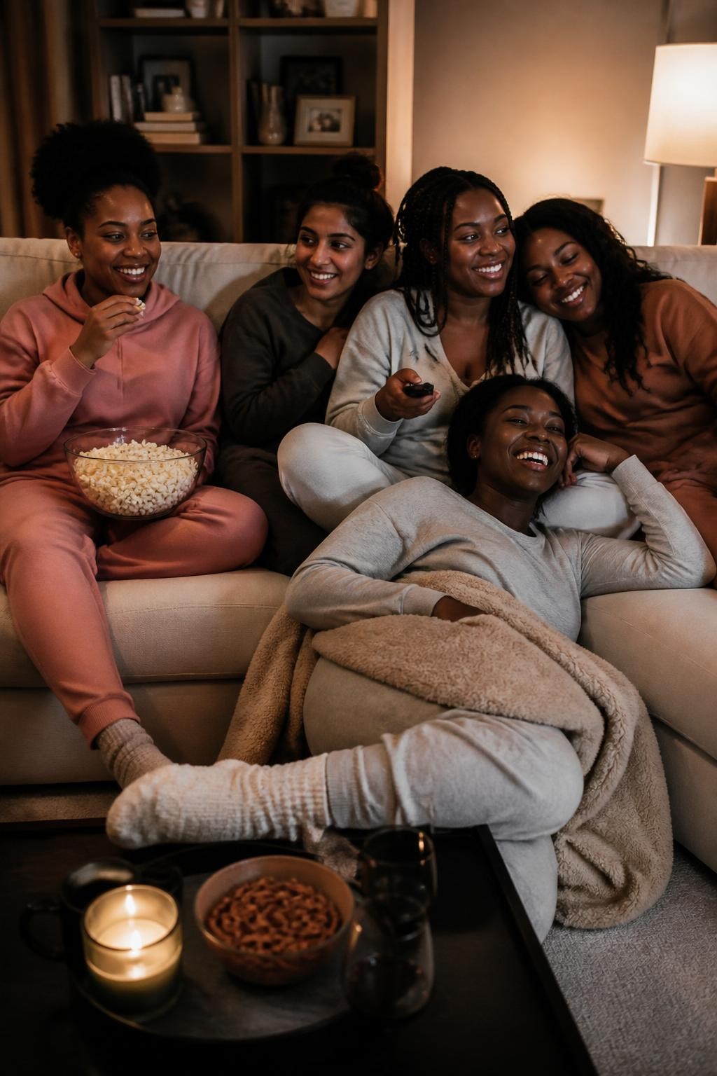 Image prompt: A cozy indoor DSLR photo of five adult women friends piled casually on a large cream sofa during a movie night, including four Black women with deep, rich, and warm brown skin tones and one woman with medium skin tone, wearing soft lounge outfits, one sitting cross-legged with popcorn, one lying sideways with a blanket, one leaning on another friend’s shoulder, one holding a remote, one laughing with a mug in hand, soft lamp light, snacks on a coffee table, fuzzy socks, pillows, realistic blanket folds, natural skin texture, warm candid friendship-at-home photography.