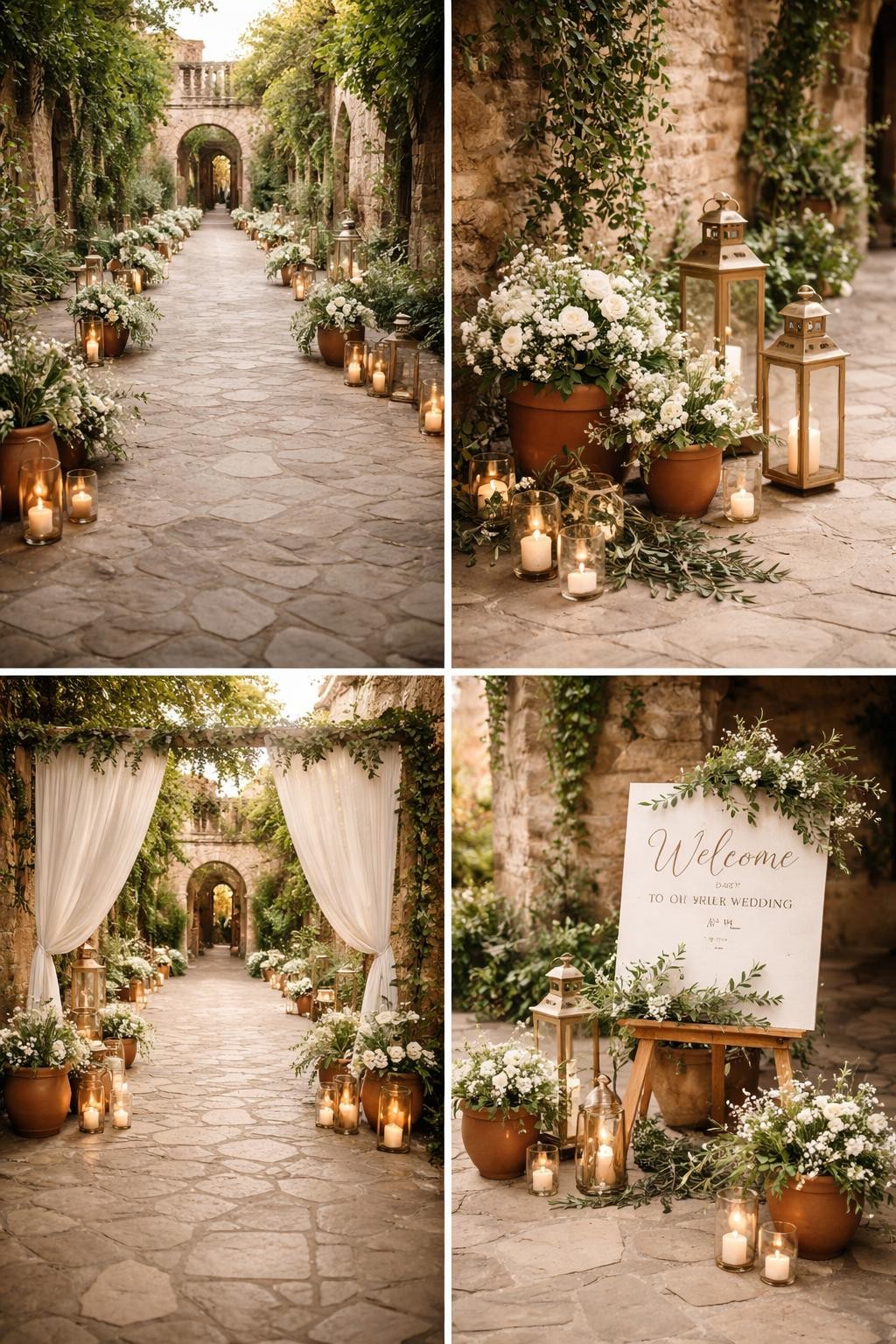 A professional 4-grid wedding decor collage showing a courtyard wedding entrance walkway, top-left image featuring a stone courtyard walkway lined with terracotta pots, white flowers, olive branches, and candles, top-right image showing close-up potted flowers and lanterns beside stone flooring, bottom-left image showing a simple fabric-draped entrance frame leading into the courtyard, bottom-right image showing a welcome sign styled with greenery, candles, and clay pots, Mediterranean-inspired wedding venue, warm natural light, no faces, no watermarks on images.