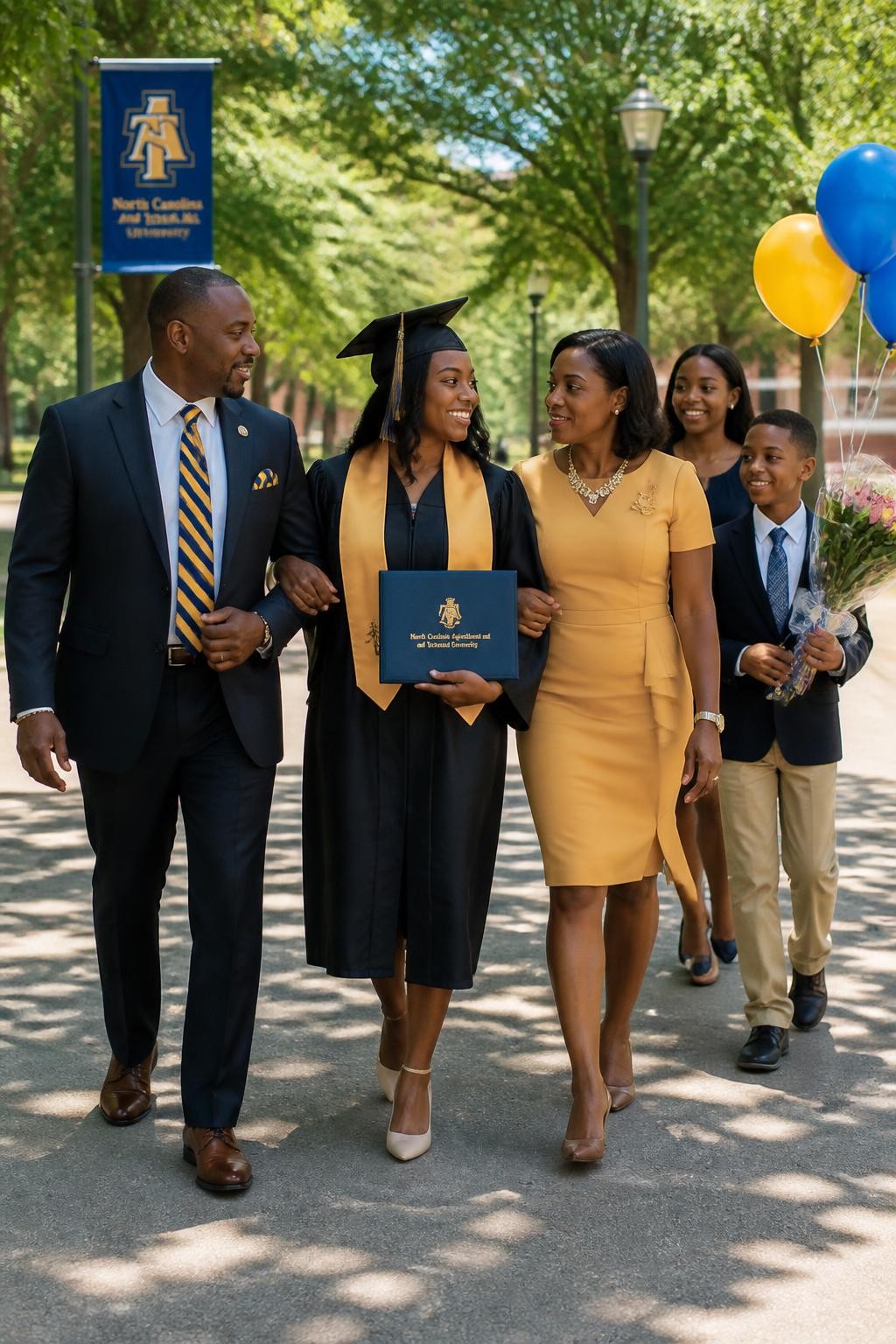 Image prompt: A modern DSLR graduation photo of a graduate walking across a sunny campus path with family on both sides, featuring a Black woman graduate with deep brown skin wearing a black gown, cap, gold stole, and nude flats, walking arm-in-arm with her parents while younger siblings trail slightly behind carrying balloons and flowers, all smiling and talking naturally, trees lining the walkway, university sign softly visible, diploma folder in the graduate’s hand, natural movement in the gown, realistic shadows, candid family celebration photography.