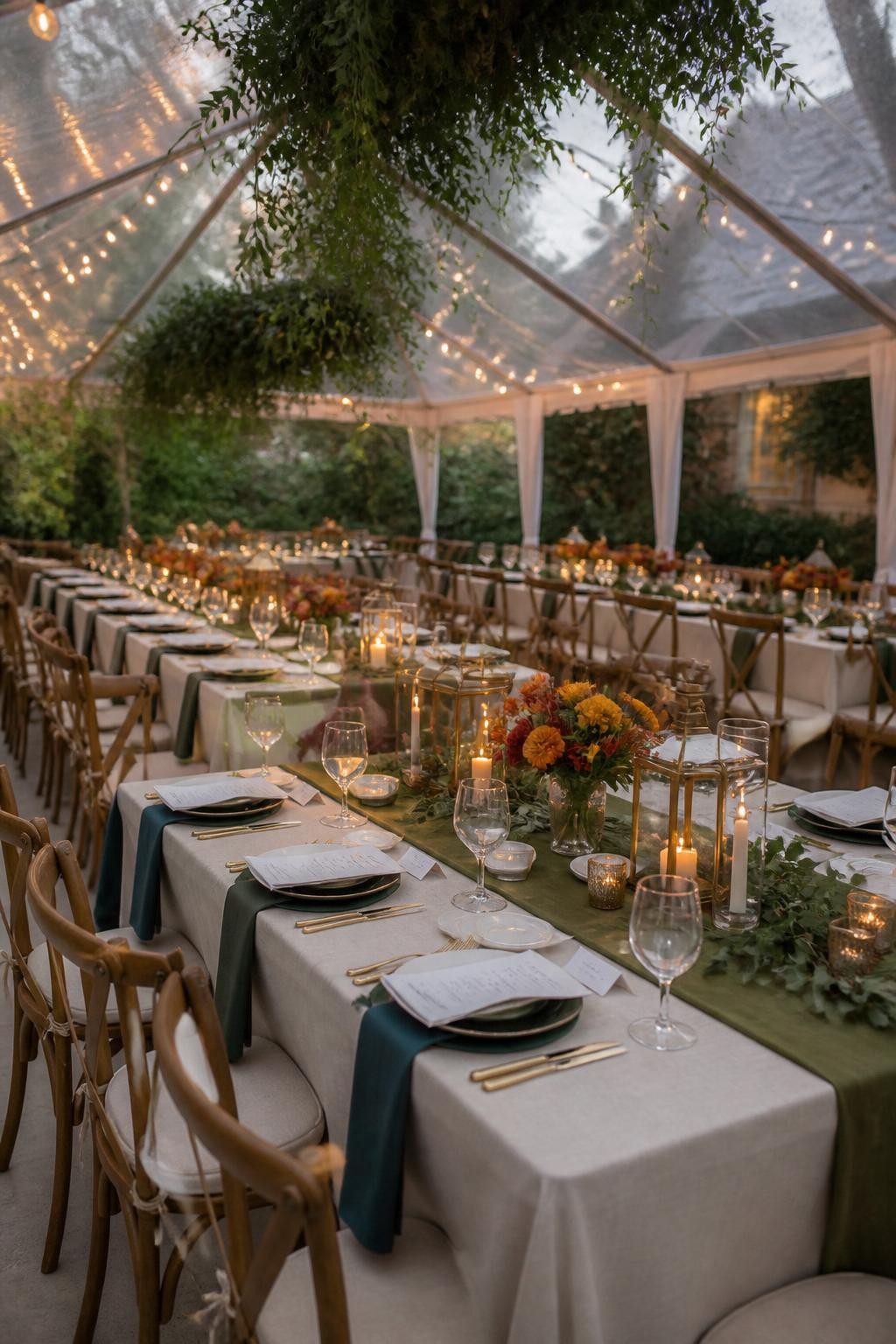 Realistic DSLR photo of a fall wedding dinner under a clear tent, olive green table runners, saffron floral accents, deep teal napkins, linen tablecloths, brass lanterns, hanging greenery, soft string lights, early evening garden setting, warm stylish atmosphere.