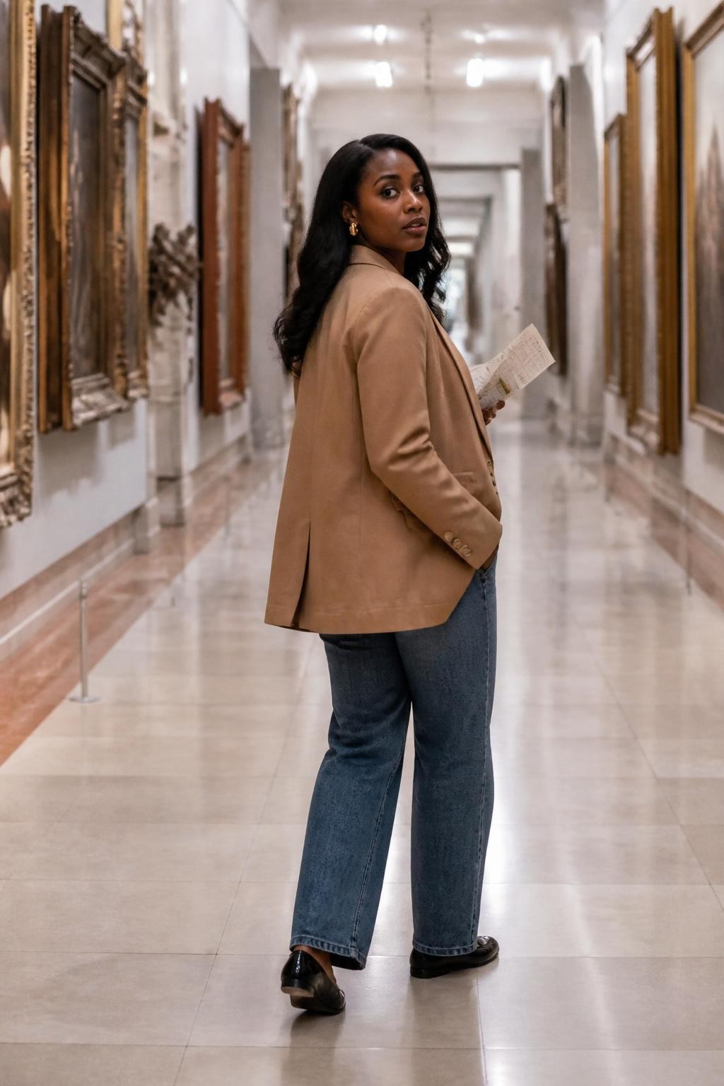 Image prompt: A realistic DSLR photo of an adult Black woman with rich dark skin walking down a long quiet museum hallway, wearing a camel blazer, white tank top, straight-leg blue jeans, and black loafers, looking back over her shoulder while holding a folded museum map in one hand, her other hand tucked into her blazer pocket, large framed artworks lining both walls, polished stone floor, soft overhead lights, hallway lines leading into the distance, natural skin texture, slight movement in blazer, stylish museum travel photo, candid editorial feel.