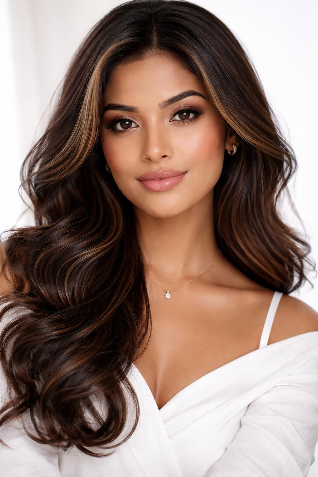 Image Prompt: A beautiful Indian woman with dark brown hair and honey brown highlights, soft golden-brown pieces placed around the face and through the lower layers, loose curls, medium golden skin tone, soft glam makeup, nude glossy lips, small gold jewelry, white blouse, clean bright studio background, soft flattering lighting, realistic DSLR beauty portrait, detailed highlight contrast, no text, (no watermarks on images)