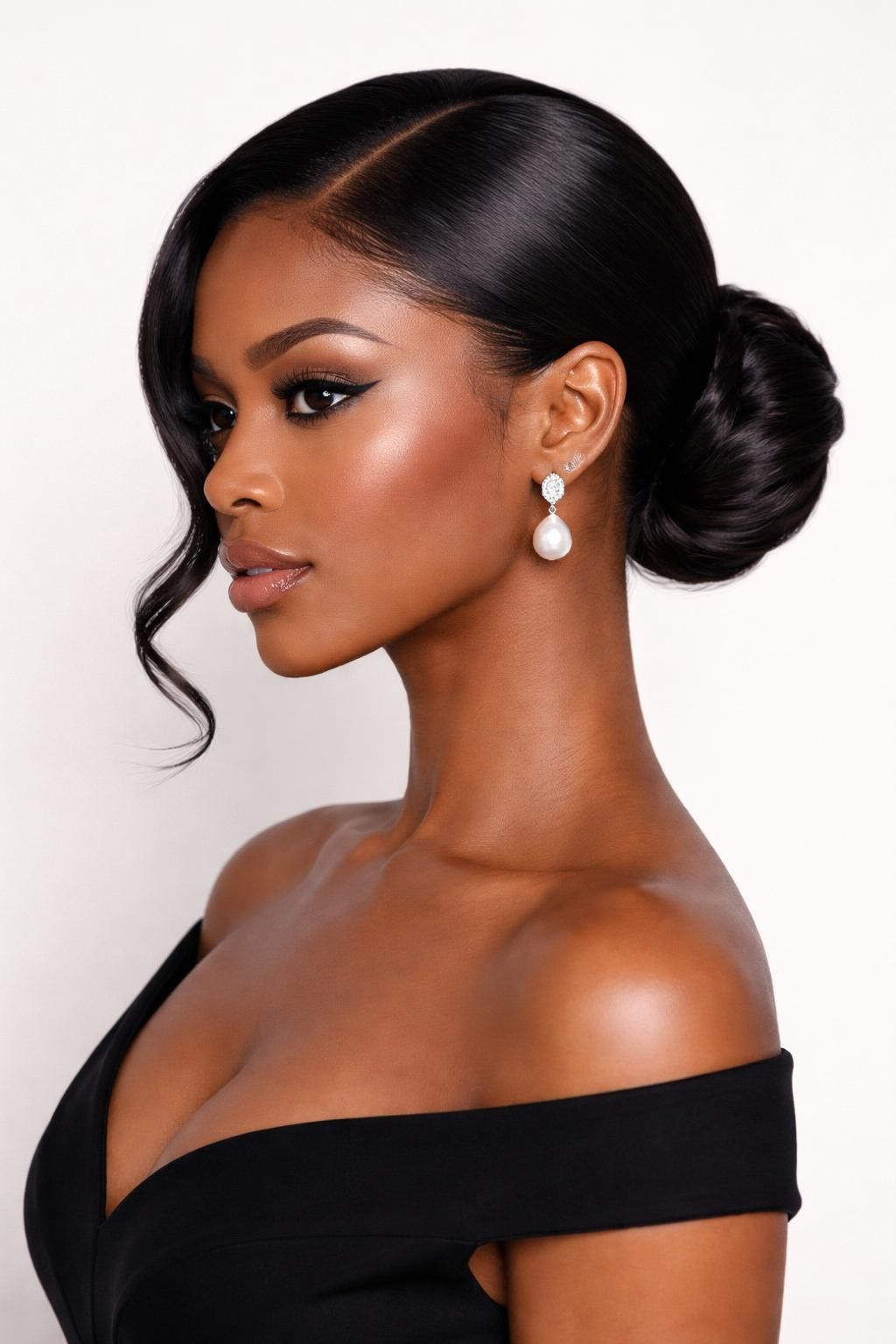 Image Prompt: A realistic editorial hairstyle image of a black woman showing a sleek low bun with a soft side part, glossy dark hair brushed smoothly into a neat bun at the nape, one small face-framing piece curled softly near the cheek, pearl earrings, black evening dress neckline, clean studio background, refined beauty lighting, no text, no watermark, no watermarks on images.