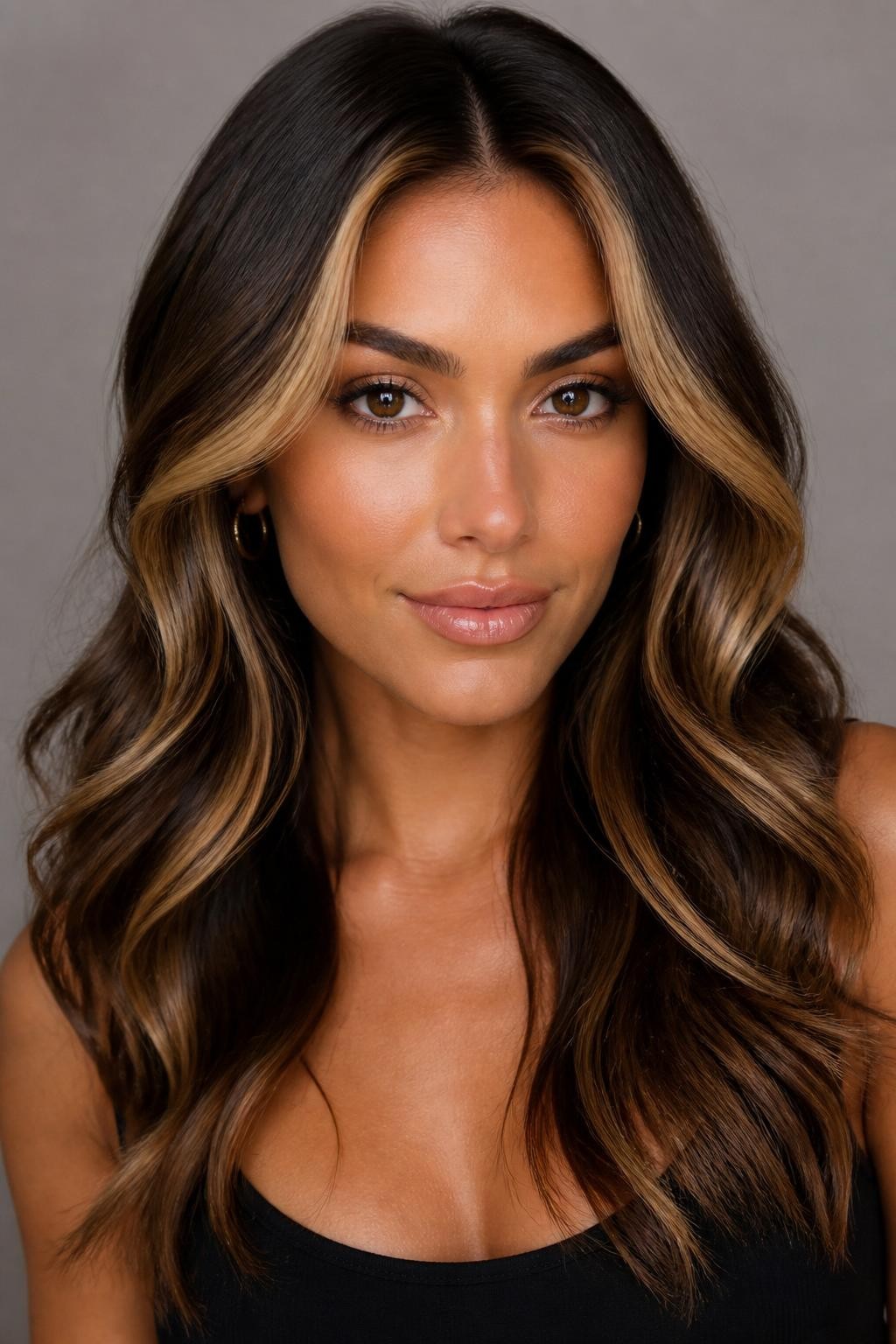 Image Prompt: A stylish woman with brown eyes and dark brunette wavy hair with golden blonde money piece highlights, warm golden front sections framing the face, rich dark base, loose waves with shine, natural glam makeup, glossy nude lips, small gold hoop earrings, fitted black top, clean neutral studio background, close-up beauty portrait, realistic DSLR photo, clear face-framing golden blonde detail, no text, (no watermarks on images)