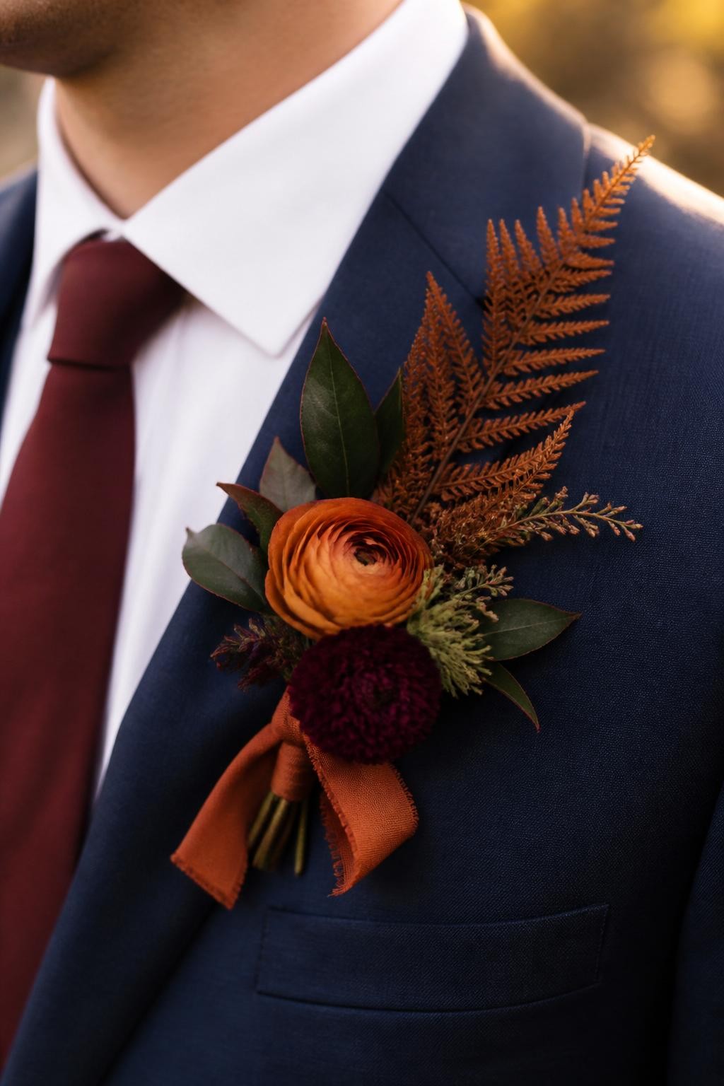 Realistic DSLR photo of a fall groom boutonniere pinned to a deep navy suit, burnt orange ranunculus, plum scabiosa, dark greenery, dried brown fern, rust silk ribbon, golden hour outdoor wedding light, romantic autumn detail shot.