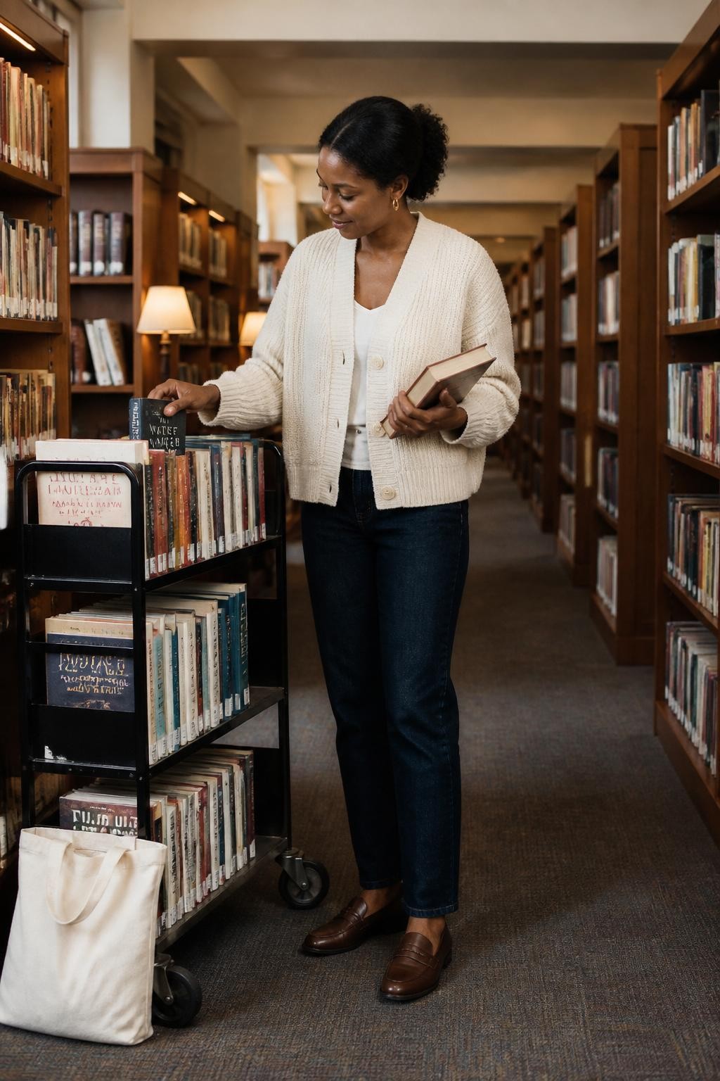 Image prompt: A realistic DSLR library photo of an adult Black woman with deep brown skin standing beside a rolling library book cart in a quiet aisle, wearing a soft cream cardigan, dark straight-leg jeans, loafers, and small gold hoops, gently pulling one book from the top row of the cart while holding two other books against her chest, head tilted down with a small smile, tall wooden bookshelves on both sides, warm reading lamps, a canvas tote bag resting near the cart wheel, realistic paper textures, slightly worn book spines, natural skin texture, soft indoor shadows, cute modern library-day mood, human lifestyle photography.