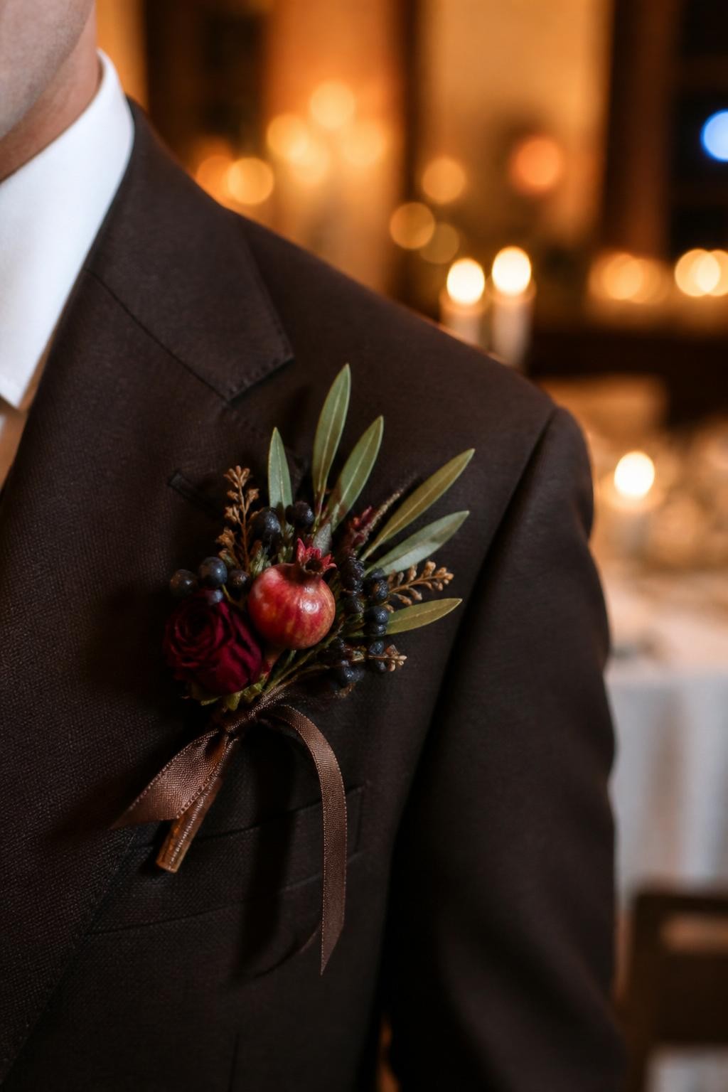 Realistic DSLR photo of a fall wedding boutonniere with a tiny pomegranate bud, dark berries, burgundy mini rose, olive leaves, brown silk ribbon, pinned to a chocolate brown suit lapel, candlelit reception background softly blurred.