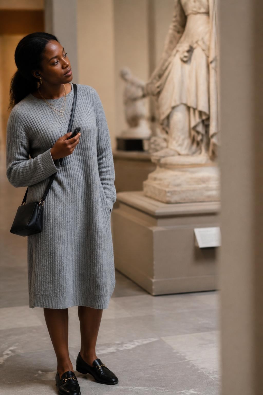 Image prompt: A candid DSLR museum photo of an adult Black woman with deep brown skin standing near a sculpture gallery, wearing a soft gray knit dress, black loafers, and a slim crossbody bag, holding a small audio guide device in one hand while one earbud rests in her ear, her head tilted slightly as if listening closely, eyes turned toward a nearby sculpture, other hand tucked into her sleeve, stone statue softly blurred in the background, warm museum lighting, realistic shadows, natural skin texture, quiet curious travel mood, modern lifestyle photography.