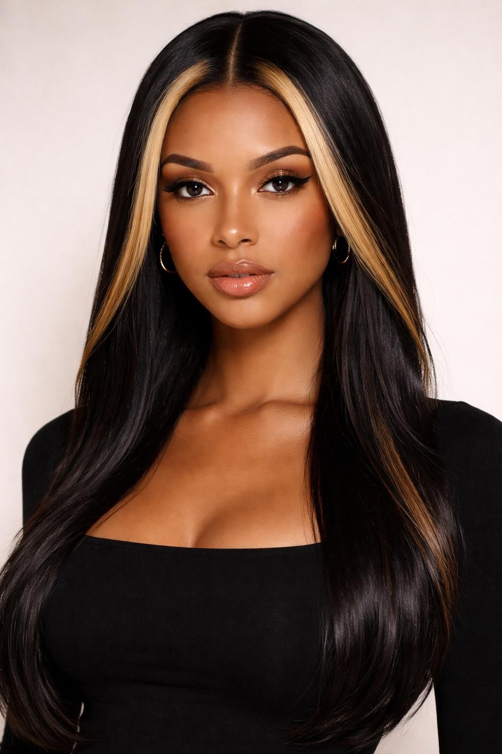 Image Prompt: A stylish woman with long glossy black hair and bold honey blonde face-framing color blocks, sleek center part, smooth straight strands, clear contrast between dark base and warm blonde front panels, glowing medium-brown skin, soft glam makeup, nude glossy lips, small gold hoop earrings, fitted black top, clean neutral studio background, soft diffused lighting, high-fashion beauty editorial portrait, realistic DSLR photography, sharp hair shine and color detail, no text, (no watermarks on images)