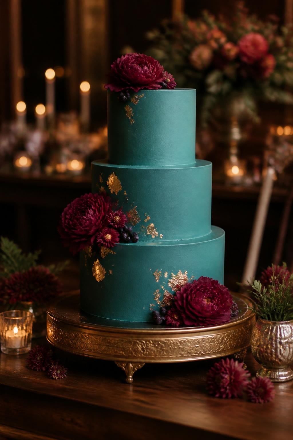 Realistic DSLR photo of a three-tier teal fall wedding cake with smooth buttercream, small touches of edible gold leaf, ruby sugar flowers, plum berries, gold cake stand, dark wood dessert table, candlelit reception background, elegant jewel tone cake styling.