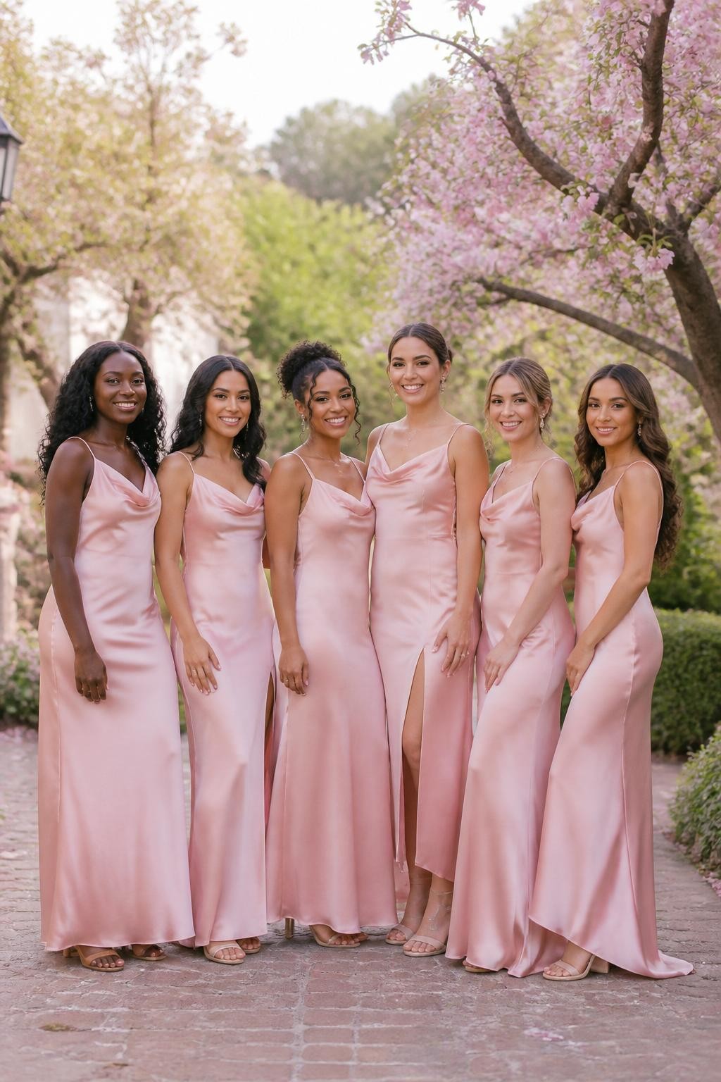 Realistic DSLR photo of a diverse group of bridesmaids with bright beautiful faces, wearing sakura light pink satin cowl neck bridesmaid dresses, soft draped neckline, ankle-length and floor-length mixed hems, glossy fabric catching golden hour light, Black, brown, olive, and fair skin tones, natural soft glam makeup, loose waves and sleek buns, standing in a blooming garden with cherry blossom branches, pale stone walkway, soft pink and white flowers in the background, romantic spring wedding mood, editorial fashion photography, natural light, shallow depth of field.