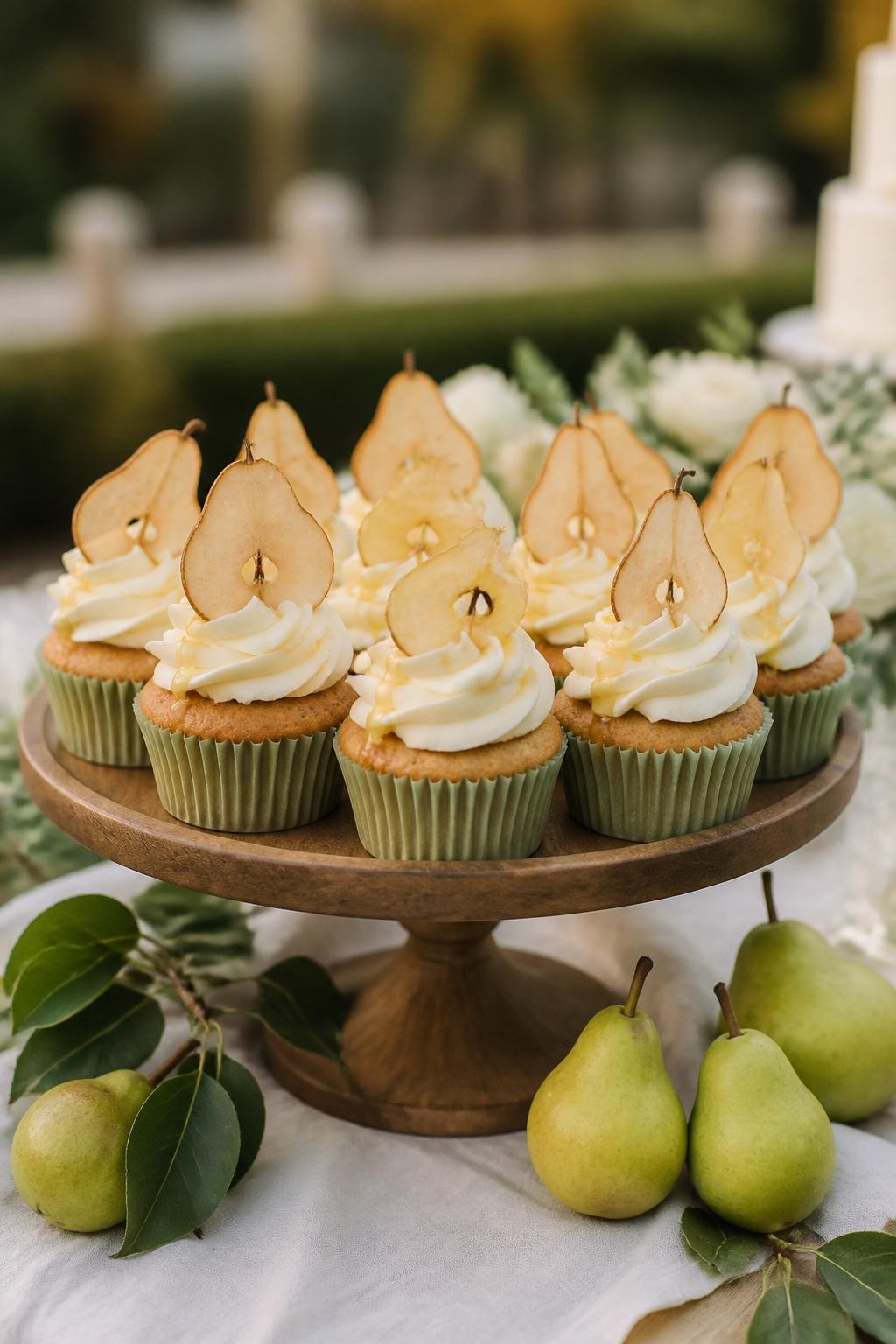 Realistic DSLR photo of pear vanilla wedding cupcakes with pale cream frosting, thin dried pear chip toppers, honey drizzle, soft sage cupcake liners, wooden dessert stand, green pears on the table, cloudy fall garden wedding light.