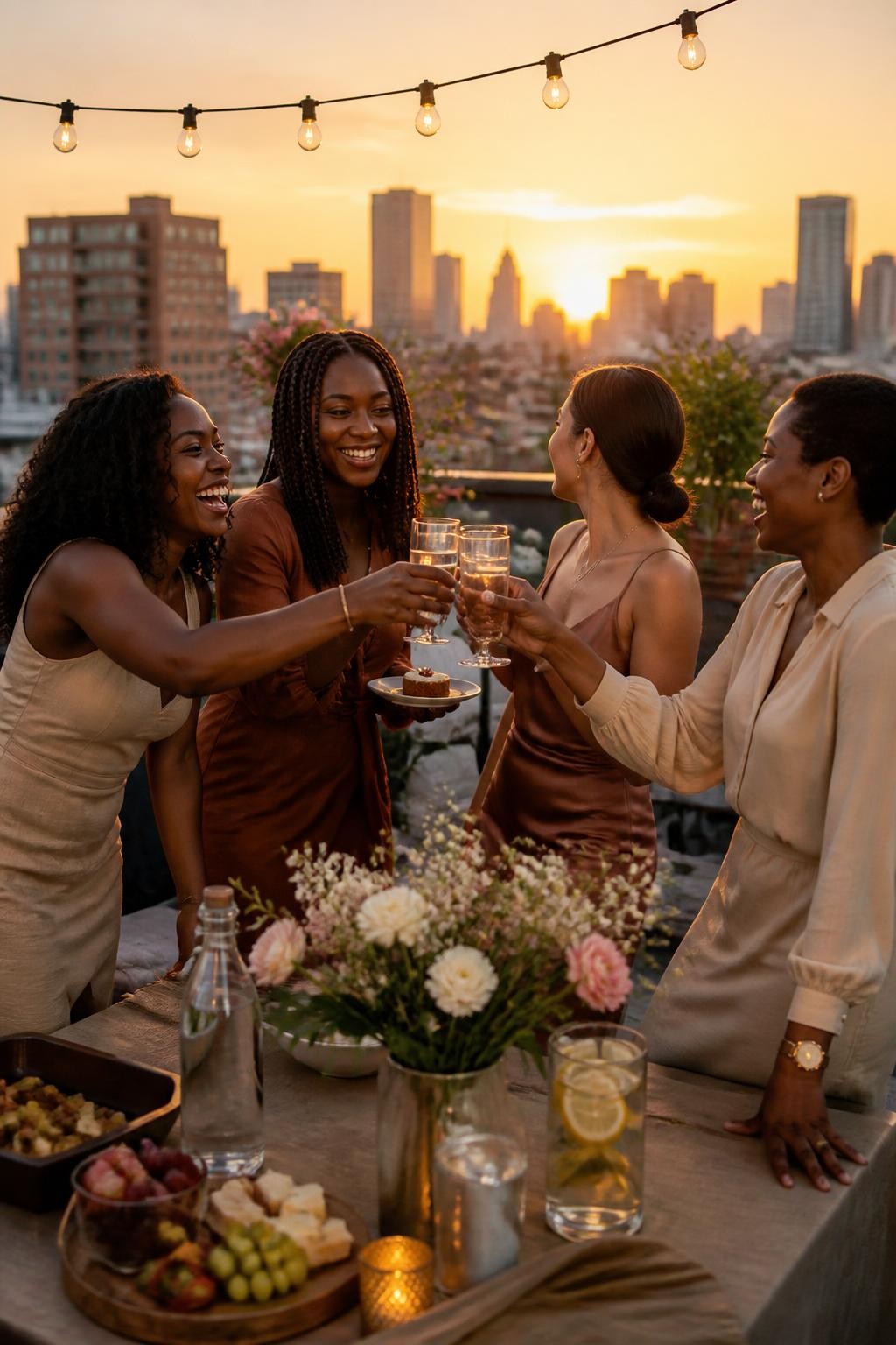 Image prompt: A modern rooftop DSLR photo of four adult women friends standing around a low table at golden hour, including three Black women with deep, rich, and warm brown skin tones and one woman with olive skin, wearing elegant but relaxed outfits, lifting glasses of sparkling water or juice for a toast, one friend leaning forward with a big laugh, one holding a small cake plate, one resting a hand on the table, one looking toward the skyline, city buildings behind them, string lights, flowers, snacks, realistic glass reflections, warm sunset glow, stylish friendship celebration photo.