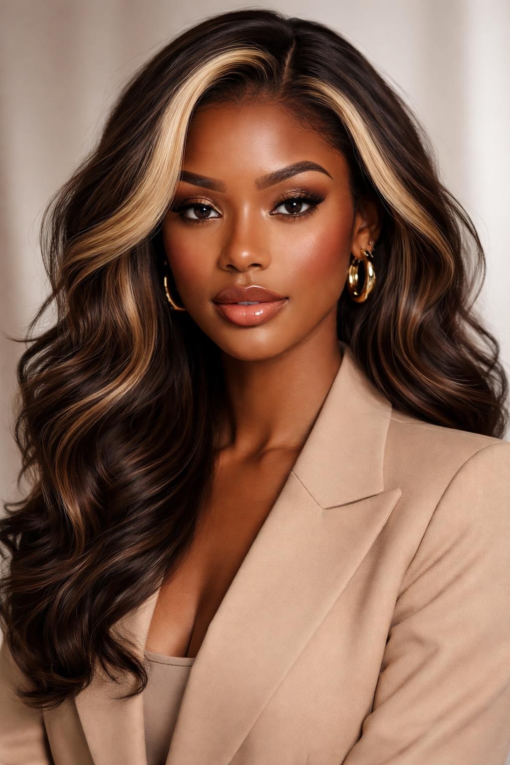 Image Prompt: A stylish black woman with dark brown wavy hair and chunky blonde money piece blocks, thick warm blonde sections framing the face, loose soft waves, rich brown base color, medium-brown skin, natural glam makeup, glossy nude lips, gold earrings, beige blazer, modern studio background, soft lighting, realistic beauty editorial portrait, strong face-framing contrast, no text, (no watermarks on images)