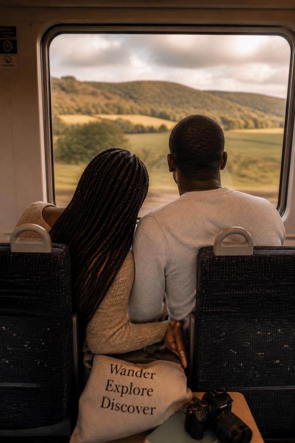 Image prompt: A cinematic travel couple photo inside a train, no faces shown, photographed from the aisle behind an adult couple seated side by side by a large window, featuring a Black woman with rich dark skin and long braids wearing a soft beige sweater, her head resting gently near her partner’s shoulder, both facing the window so only the backs of their heads and shoulders are visible, their hands linked on the seat between them, blurred countryside outside, warm window light, tote bag and camera on the small table, realistic train seat fabric, quiet faceless travel romance, DSLR lifestyle photography.
