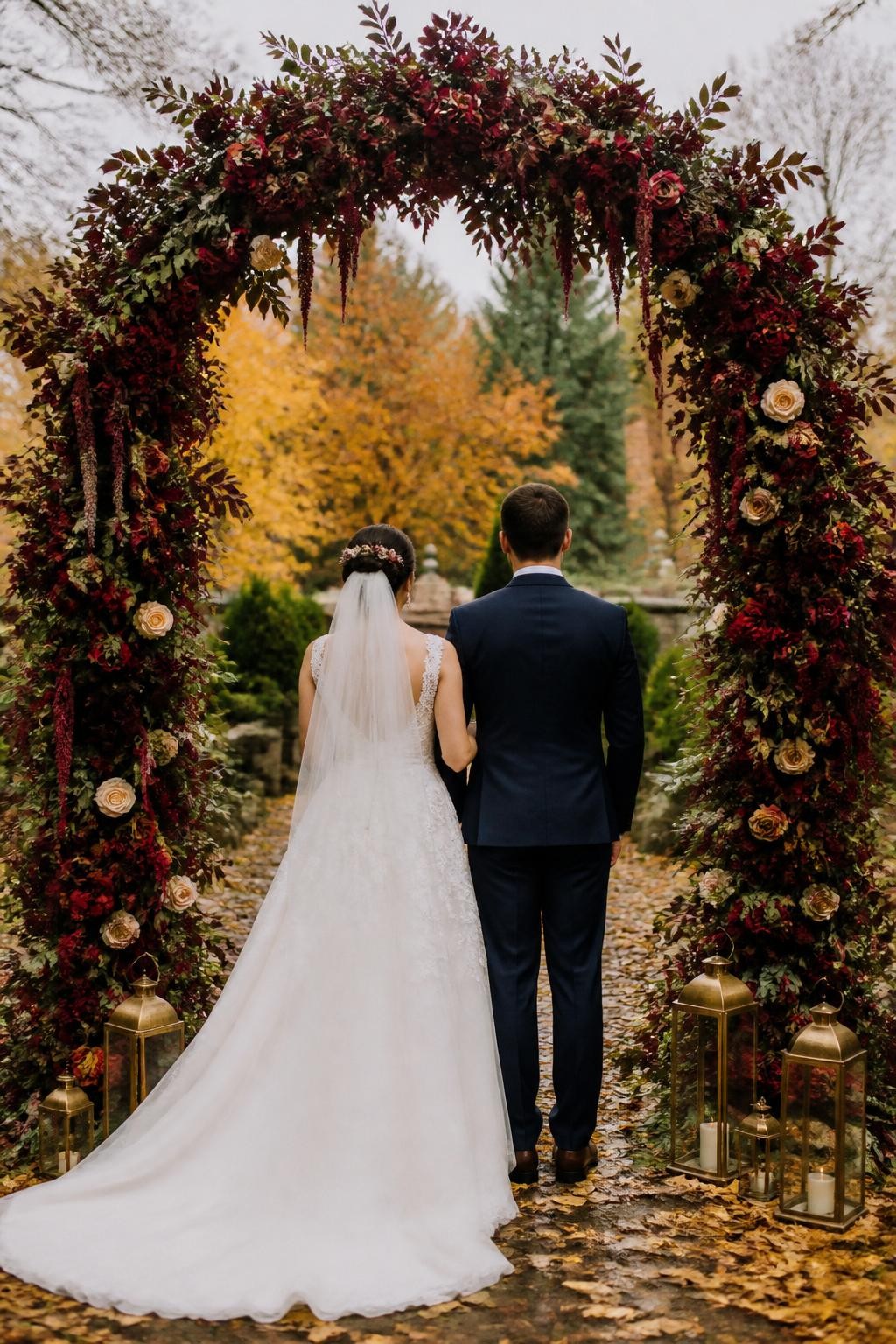 Realistic DSLR photo of a fall wedding ceremony arch covered in ruby red roses, burgundy dahlias, plum ranunculus, dark greenery, cream flowers, and gold lanterns at the base, outdoor garden venue with fallen leaves, couple shown from behind with faces not visible, romantic cloudy autumn light.
