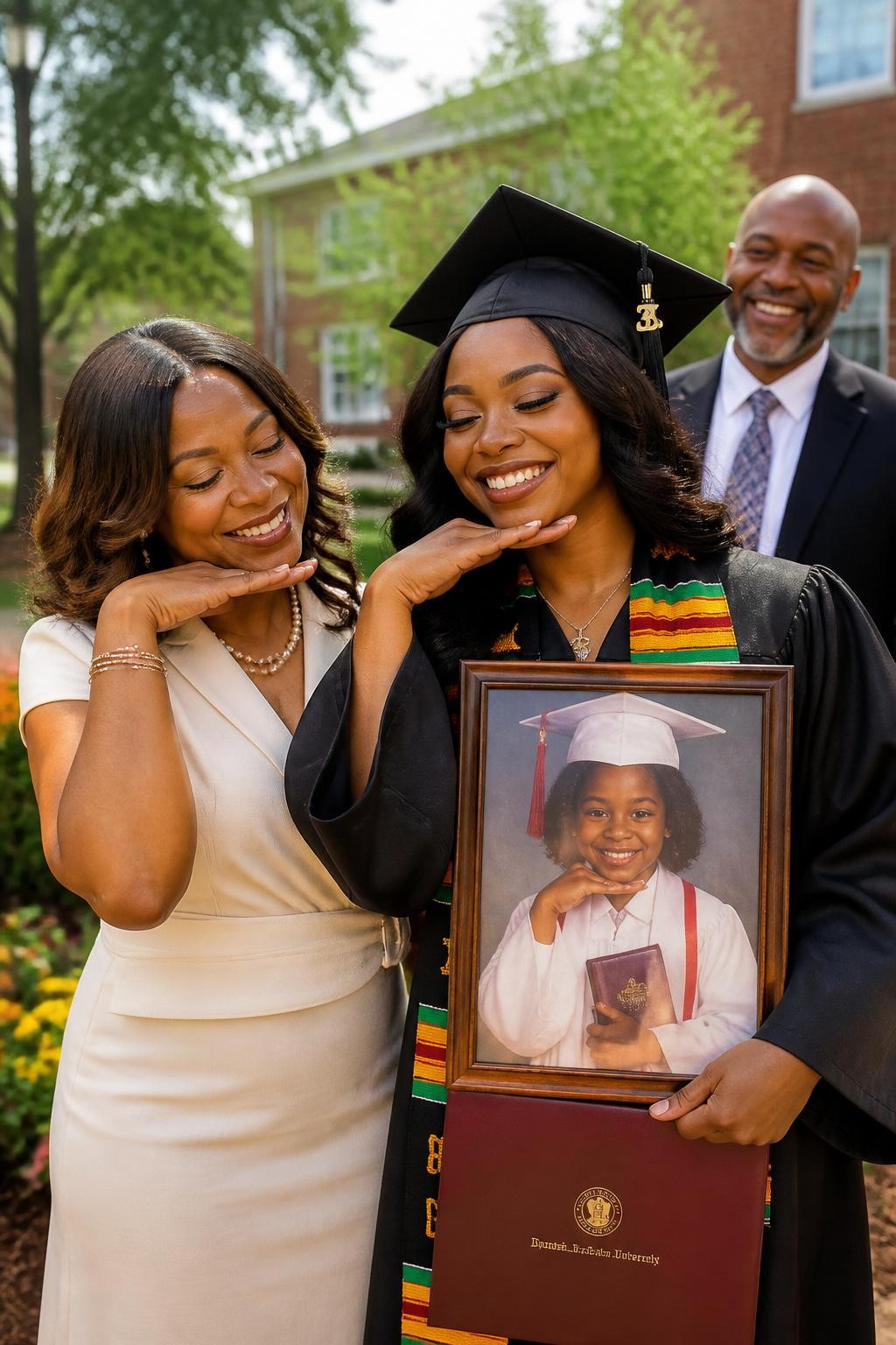 Image prompt: A creative DSLR graduation photo of a graduate standing beside a parent recreating an old childhood school photo, featuring a Black woman graduate with deep brown skin in a black gown and cap holding a framed childhood graduation picture, mother standing beside her in a cream dress, both smiling while copying the same hand pose from the old photo, father laughing softly in the background, campus lawn, flowers, diploma folder, warm daylight, realistic frame reflection, natural skin texture, sentimental but modern family graduation photography.