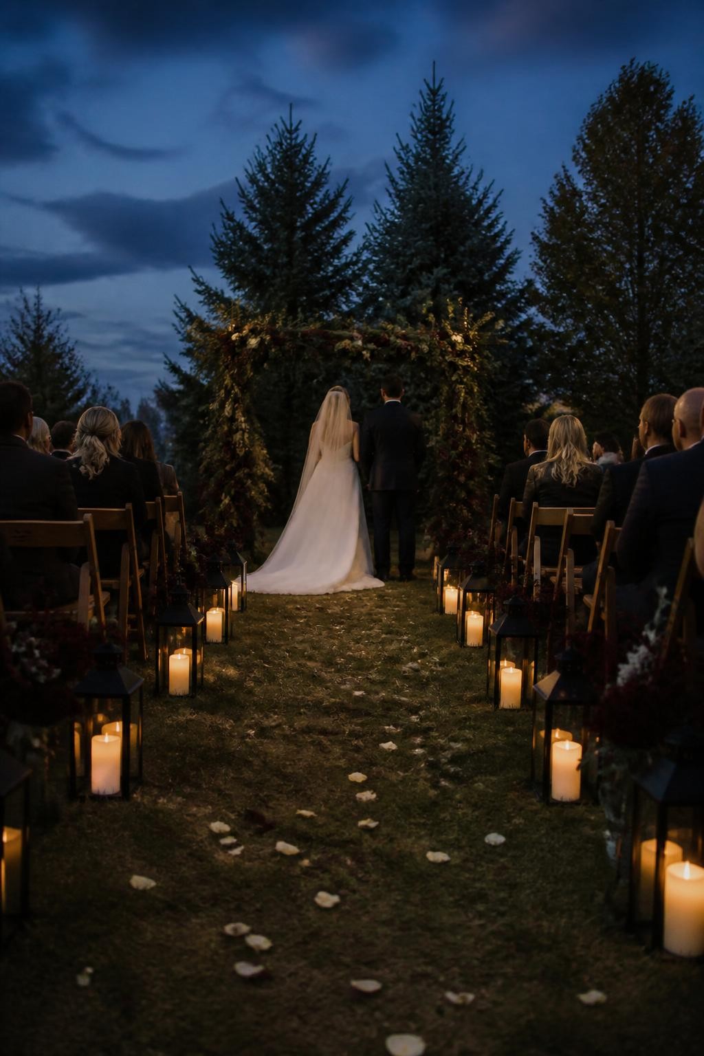 Realistic DSLR photo of a moody fall wedding ceremony at twilight, long aisle lined with black lanterns and ivory pillar candles, dark burgundy flowers at the aisle ends, wooden chairs, deep green trees in the background, soft blue evening sky, bride and groom shown from behind, faces not visible, romantic low-light autumn atmosphere.
