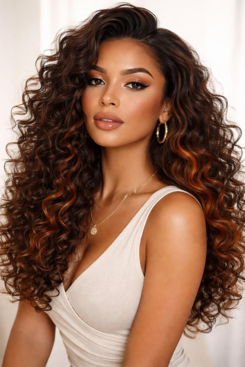 Image Prompt: A beautiful woman with long curly hair, dark chestnut brown top layer with ginger peekaboo color underneath, voluminous ringlets with bounce and shine, warm ginger-orange hidden sections peeking through the lower curls, golden medium skin tone, bronzed makeup, glossy lips, gold jewelry, cream top, clean bright background, soft natural-style lighting, realistic DSLR beauty editorial portrait, detailed curl texture and warm ginger contrast, no text, (no watermarks on images)