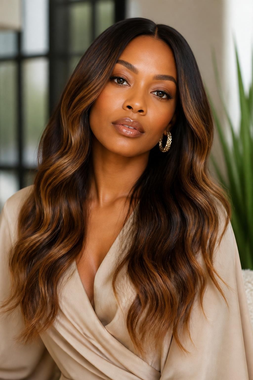 Image Prompt: A stylish black woman with brown eyes and long dark brunette hair with caramel brown balayage, deep natural roots with hand-painted caramel pieces through the mid-lengths and ends, soft loose waves, warm tan skin tone, natural glam makeup, glossy lips, gold earrings, beige blouse, modern indoor background, soft window light, realistic beauty editorial portrait, smooth blended caramel color placement, no text, (no watermarks on images)