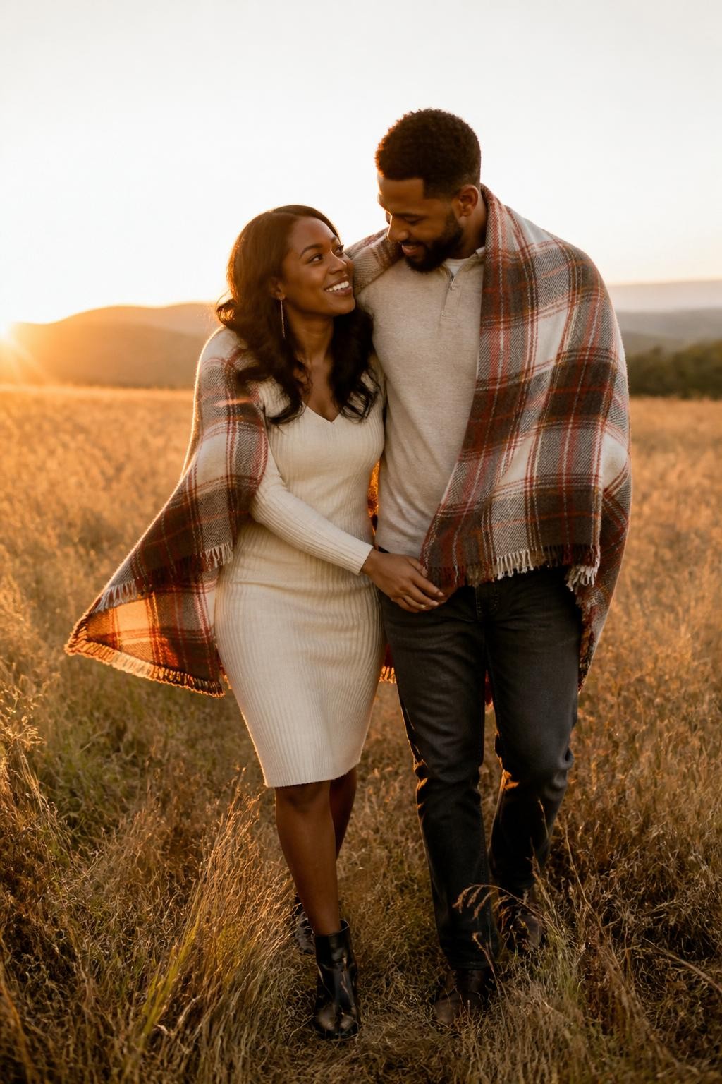 Image prompt: A realistic DSLR photo of an adult couple walking together through a grassy open field at golden hour, featuring a Black woman with deep brown skin wearing a soft cream knit dress and ankle boots, wrapped loosely in one side of a large plaid blanket while her partner shares the other side, both walking close with their shoulders touching, their hands linked under the blanket, her head turned toward him with a bright natural smile, his eyes looking down at her warmly, tall dry grass around their legs, soft sun flare behind them, wind moving the blanket edges, natural skin texture, cozy editorial outdoor couple photography, warm human mood.