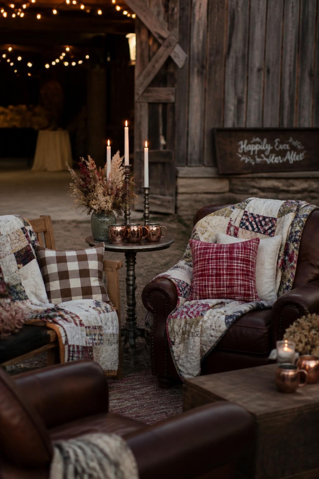 Realistic DSLR photo of a rustic fall wedding lounge area with vintage quilts draped over leather chairs and wooden benches, plaid pillows, small side table with taper candles, dried flower arrangement, copper mugs, barn wall background, cozy autumn evening light, no guests visible.